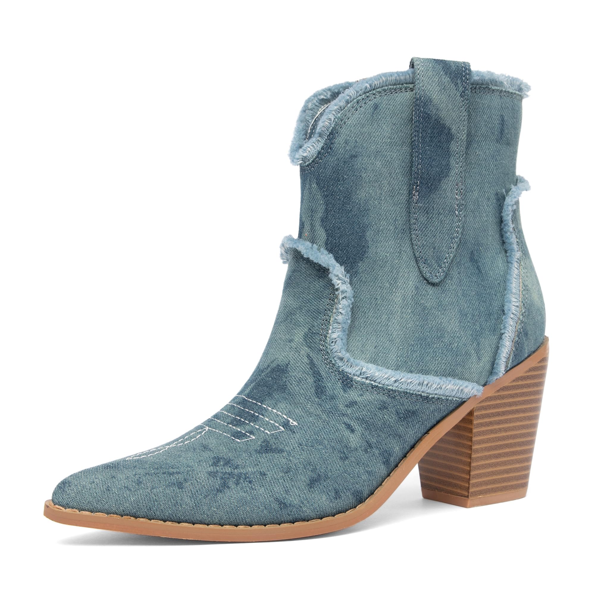 NEWBELLA Womens Denim Western Ankle Boots Cutout Design Blue Cowboy Boots for Casual Party Wear