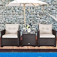 Vista 2 de Tangkula Juego de muebles de patio de 3 piezas, mimbre de ratán PE, juego de sofá de 3 piezas para exteriores con cojín lavable y superficie de mesa