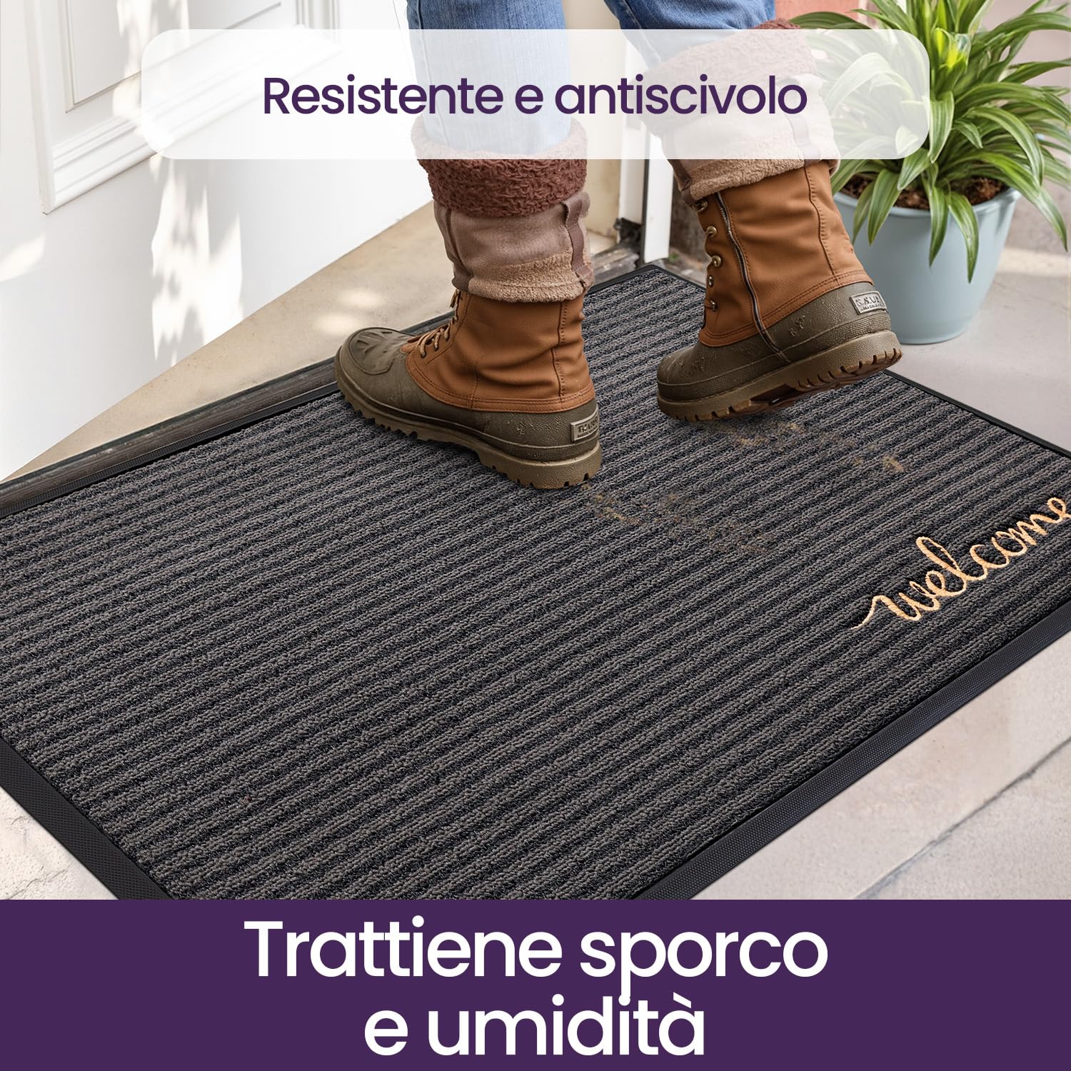 DEXI Zerbino Ingresso Esterno 80 x 120 cm, Tappeto per Porta Interno, Zerbini Antiscivolo Lavabile, Fondo in Gomma Impermeabile, Assorbente Tappeti per Corridoio, Balcone, Giardini, Grigio Benvenuto