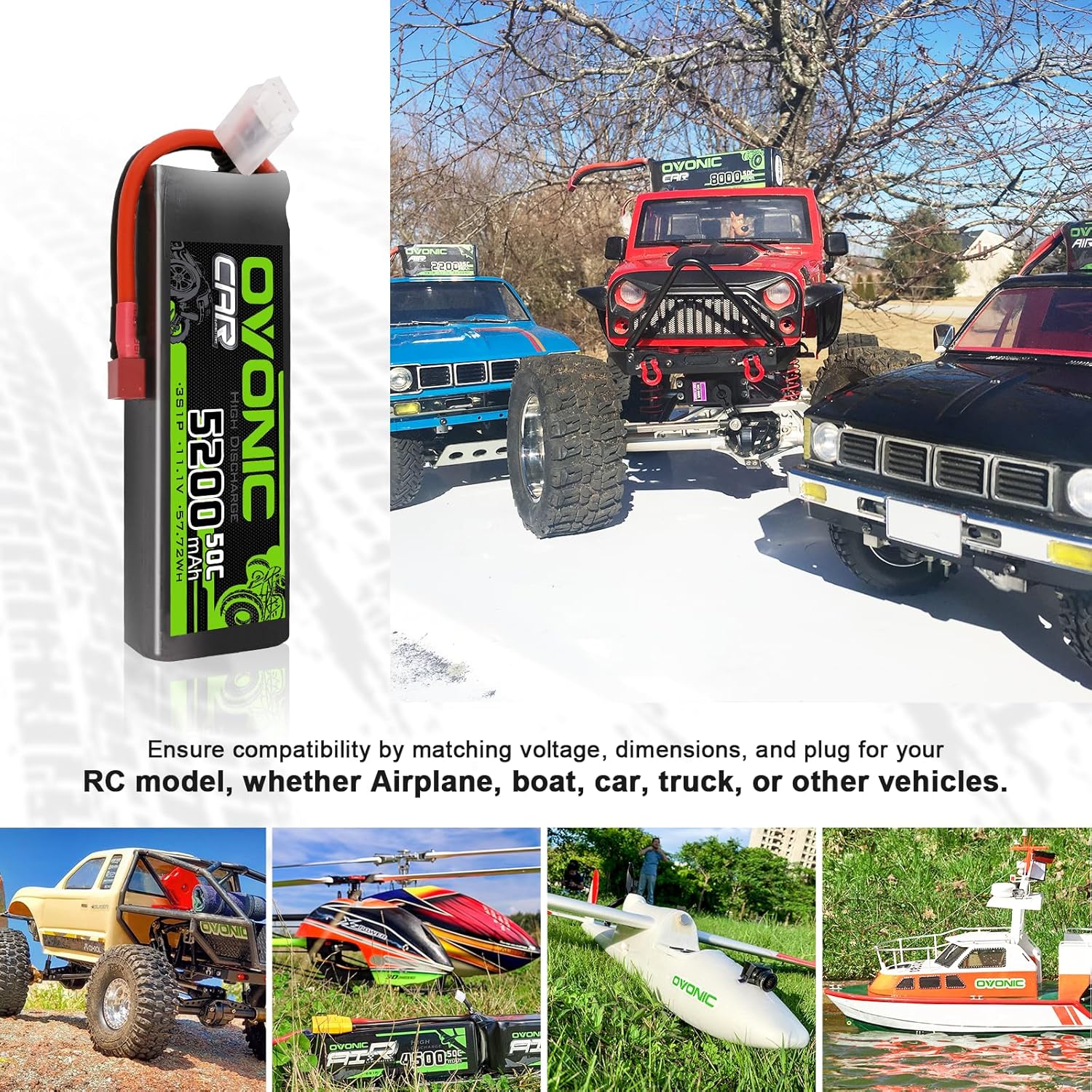 OVONIC Lipo Battery 5200mAh 50C 11.1V 3S RC Battery with Dean-Style T and XT60 Connector for RC Plane DJI Quadcopter RC Airplane RC Helicopter RC Car Truck Boat