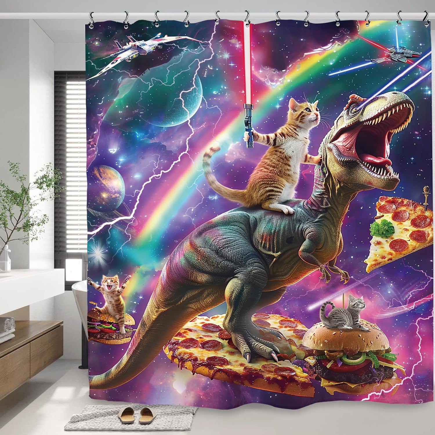 Funny Dinosaur Cat Shower Curtain 60Wx72L Inch Cool Kids Boys Galaxy Space Universe Hilarious Animal Bathroom Set Accessories Decor with 12 Pack Hooks image 2