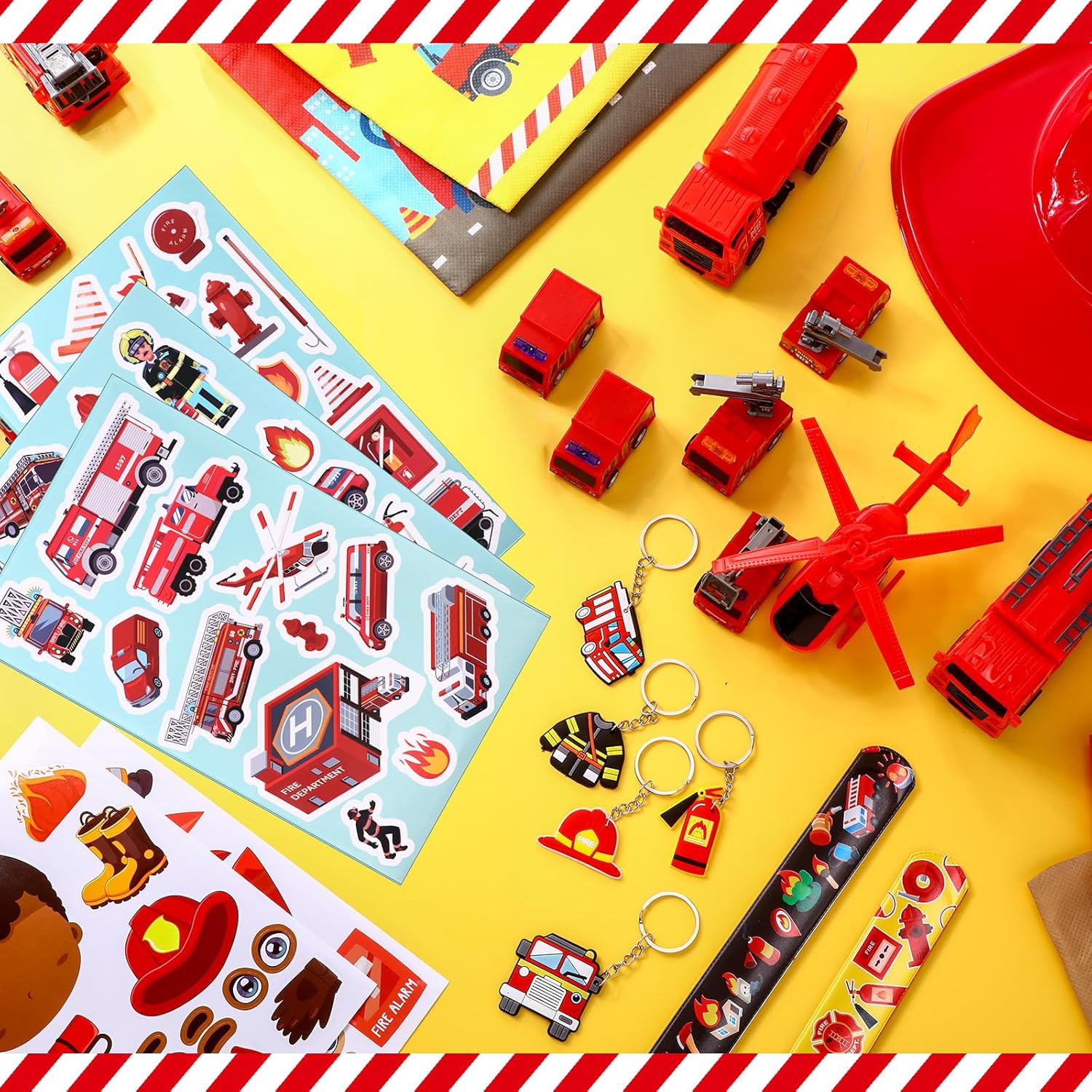 Funtery 96 Pcs Fireman Party Supplies Firetruck Party Supplies 12 Firefighter Helmets 12 Firetruck Gift Bags 12 Mini Fire Truck Toys 12 Stickers 12 Slap Bracelets 12 Keychains 24 Face DIY Sticker