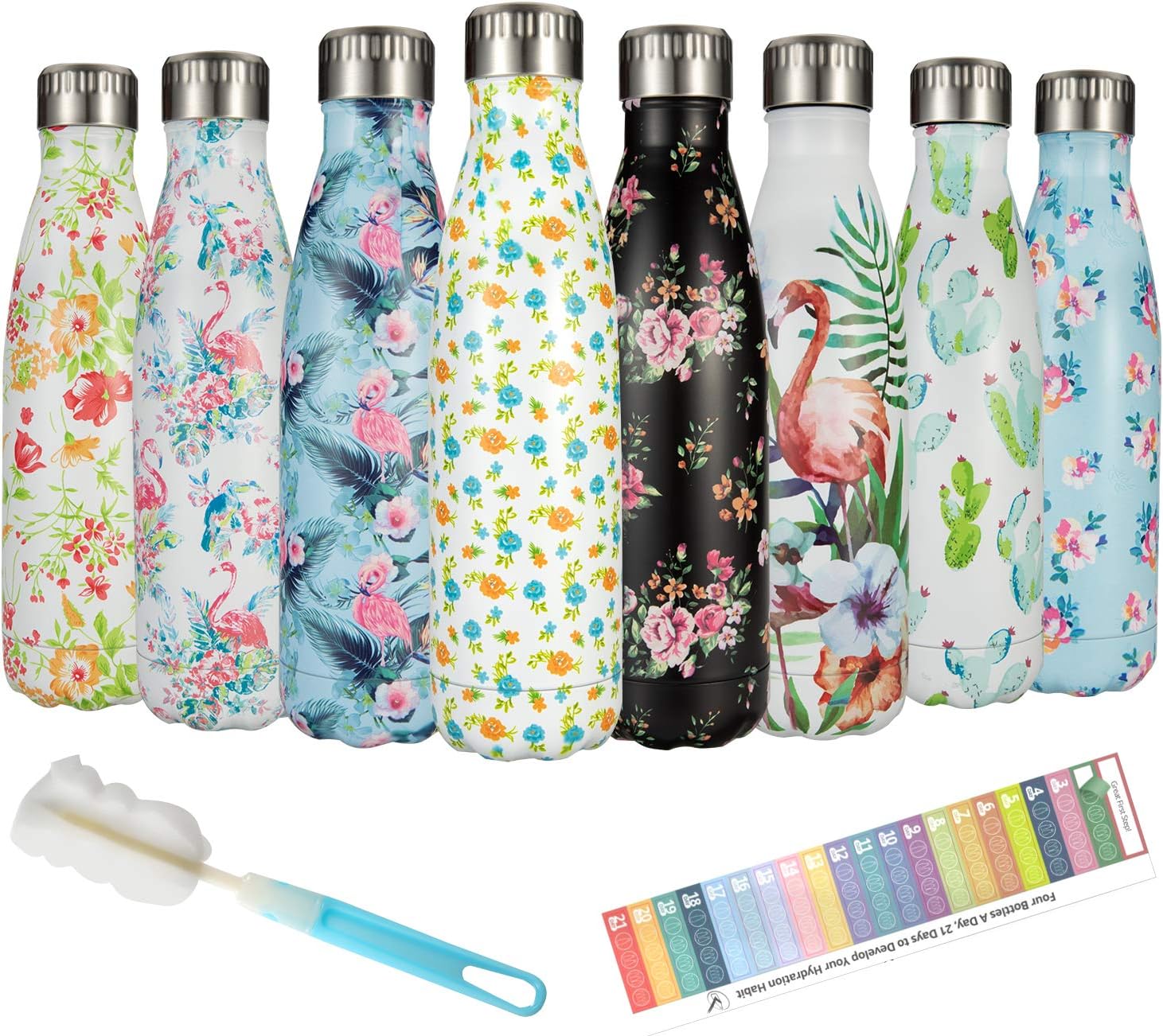 Insulated Water Bottle Stainless Steel 500ml - 24 Hrs Cooling & 12 Hrs Keep Warm, BEI & HONG Double Walled Vacuum Flask Drinks Bottle, BPA Free, with Cleaning Brush and Motivational Stickers