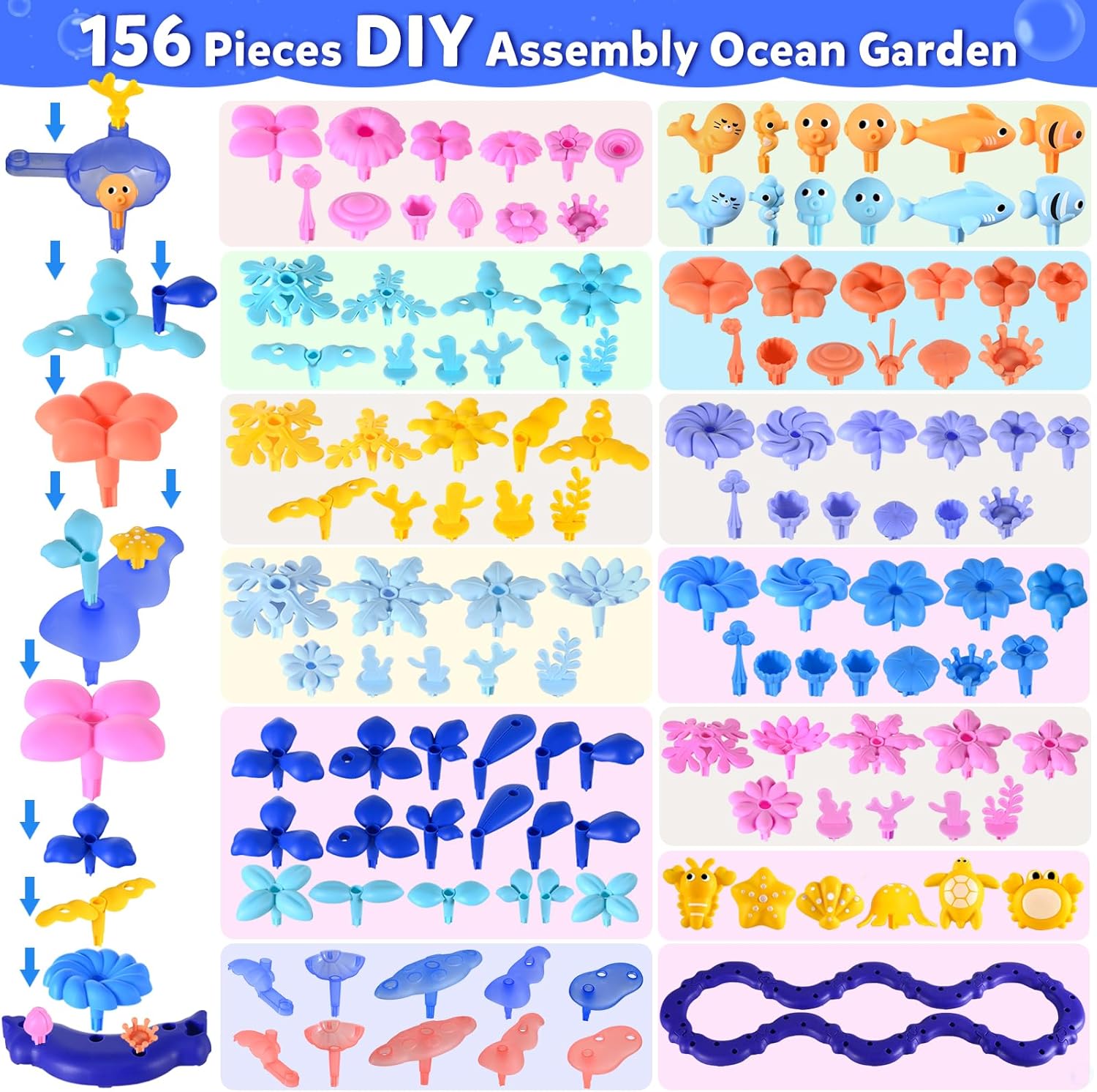 Doloowee 156Pcs Flower Garden Building Toys for Girls 3 4 5 6 7 8Year Old, Upgrade DIY Marine Coral Stacking Toys, STEM Preschool Educational Toddler Toys
