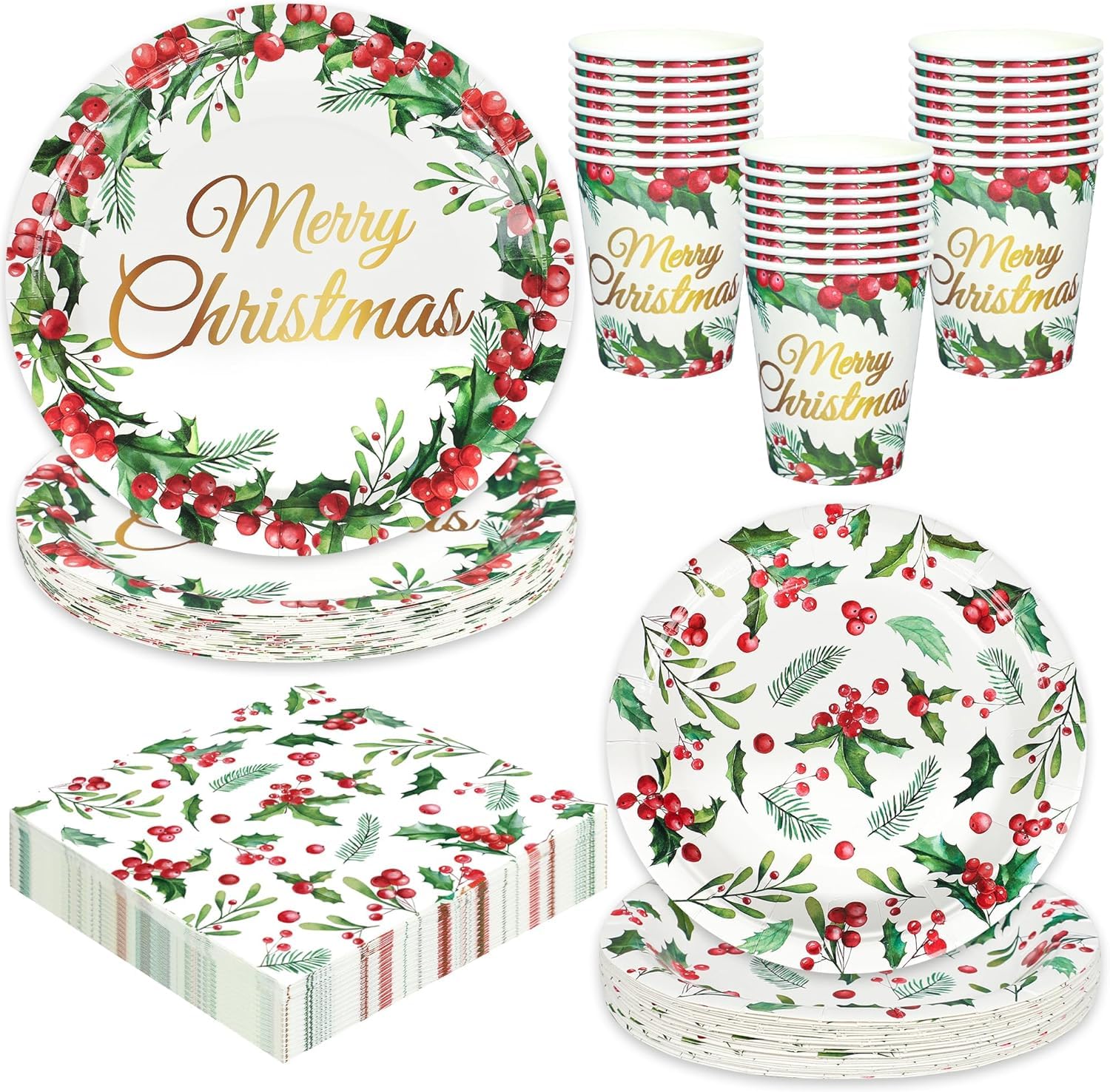 LATERN 100Pcs Christmas Party Paper Tableware Set, 25 x 9 Inch Dinner Plates, 25 x 7 Inch Salad Plates, 25 x 270ml Cups, 25 x 16CM Napkins - for Christmas Winter Holiday Party Decoration