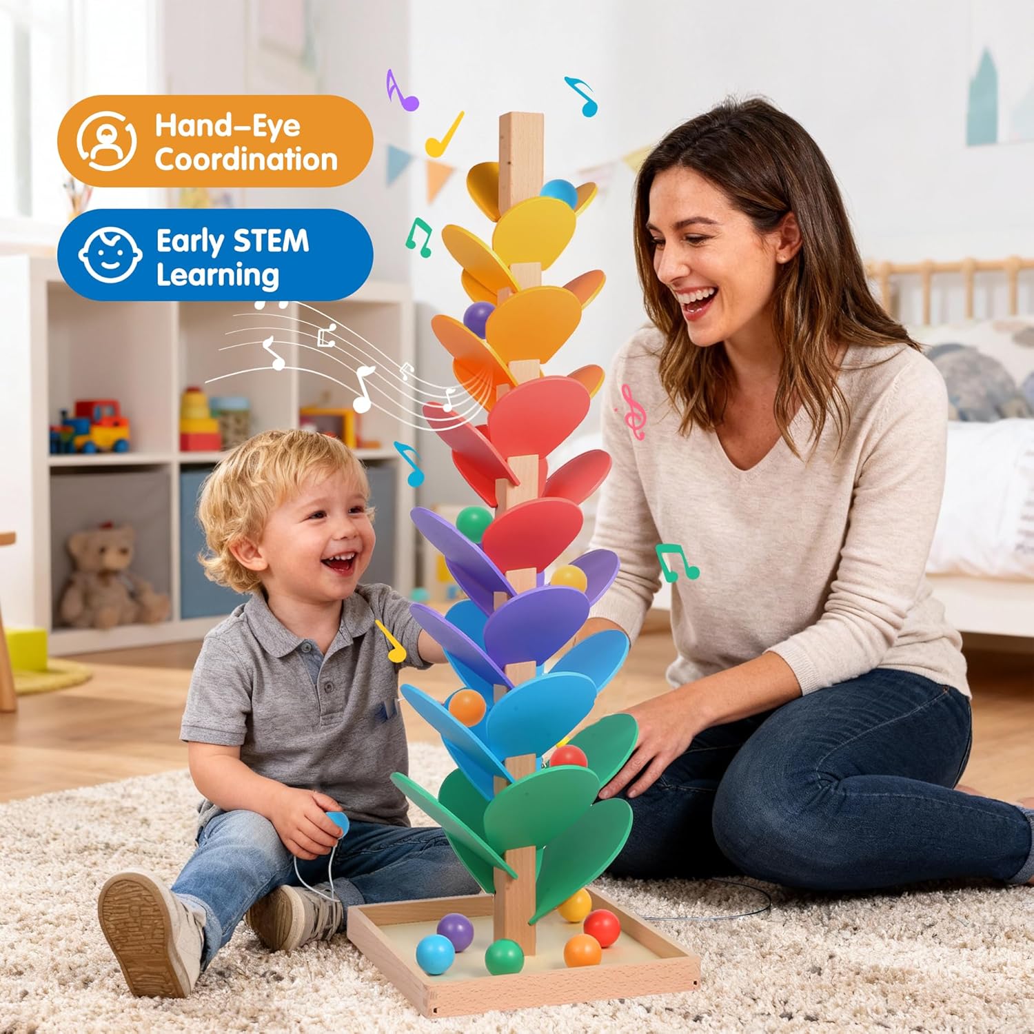 Wooden Marble Run Music Tree, Tumble Leaf Montessori Rainbow Singing Tree with Sound, Includes 12 Extra-Large 3cm Marbles Ball for Safer Play, Color Sorting STEM Learning Toy, Gift for Kids
