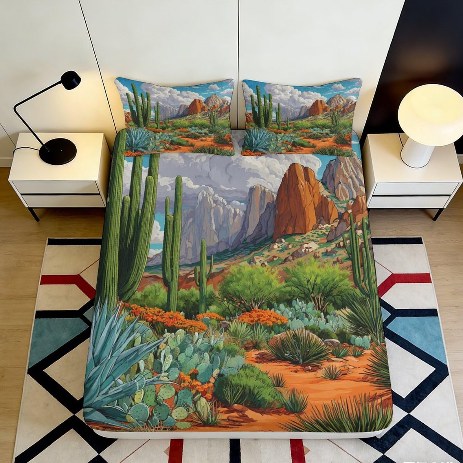 3D Printed Desert Landscape Fitted Sheet Microfiber Soft Cactus Canyon Bed Cover for Bedroom Dorm Decor 90x200x25cm