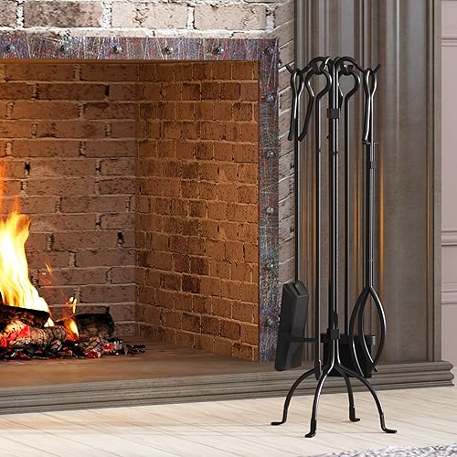 Miniatura 4 de Fire Beauty Juego de herramientas para chimenea de 5 piezas, juego de herramientas de hierro forjado resistente, color negro