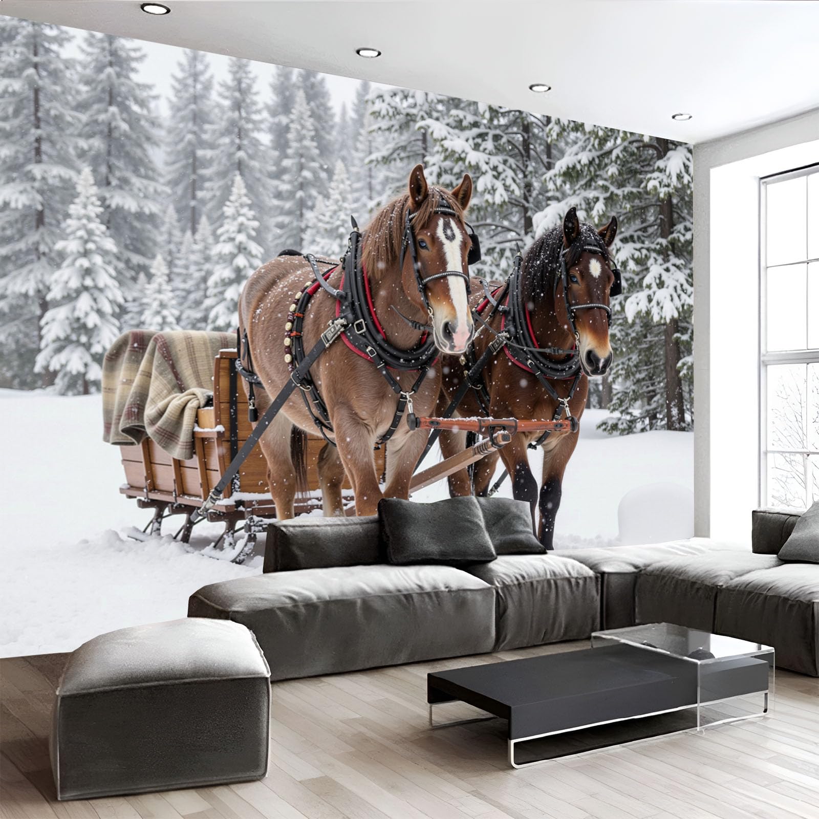 Papier peint panoramique calèche enneigée en hiver 3D pour salon et chambre 200x140cm