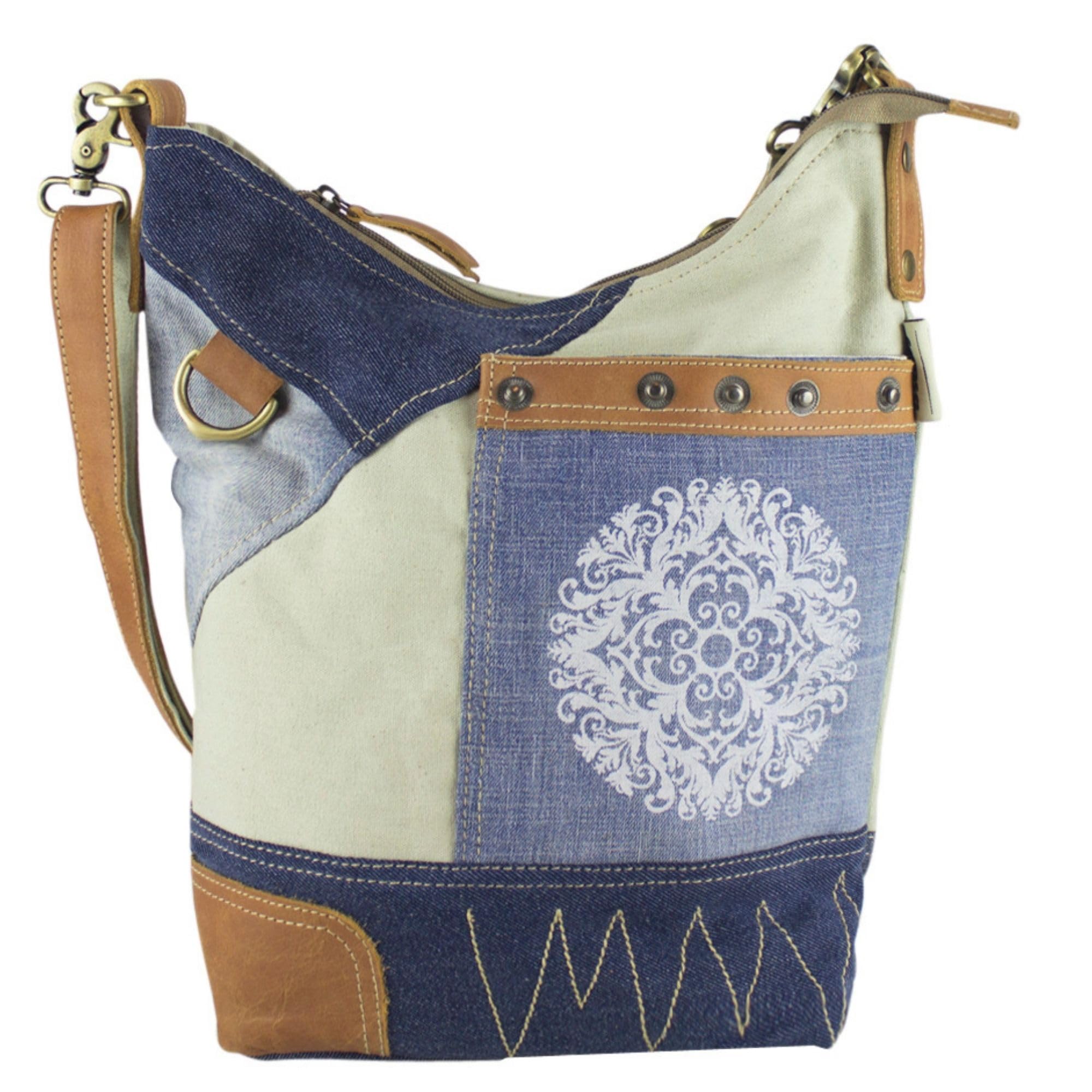 Sunsa Damen Hobo Bag. Nachhaltige Tasche aus Recyclete Jeans Canvas & Leder