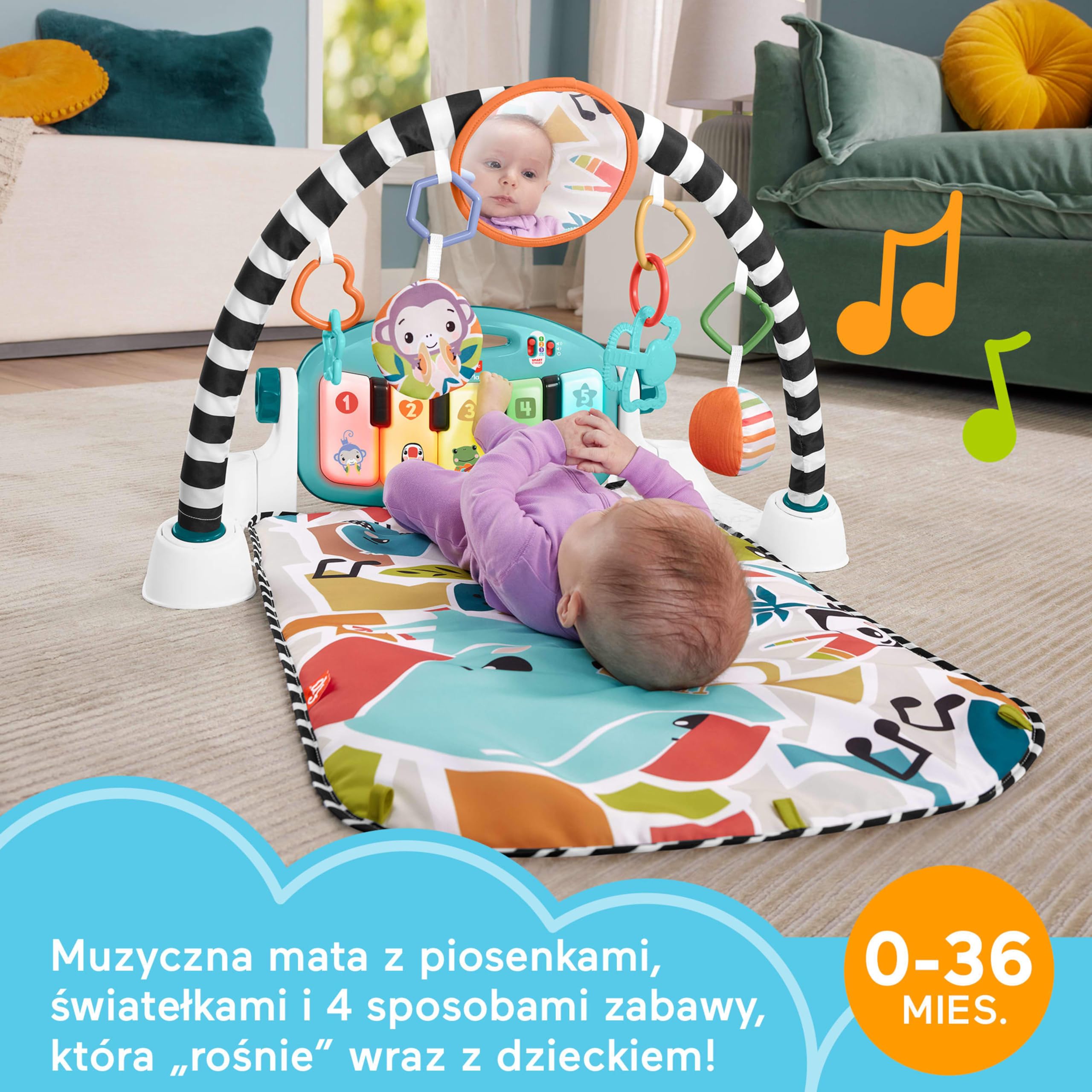 Fisher-Price Mata edukacyjna z pianinkiem Muzyczne zwierzątka, przenośna zabawka muzyczna z Poziomami nauki dla dzieci od narodzin, polska wersja językowa, HWY57