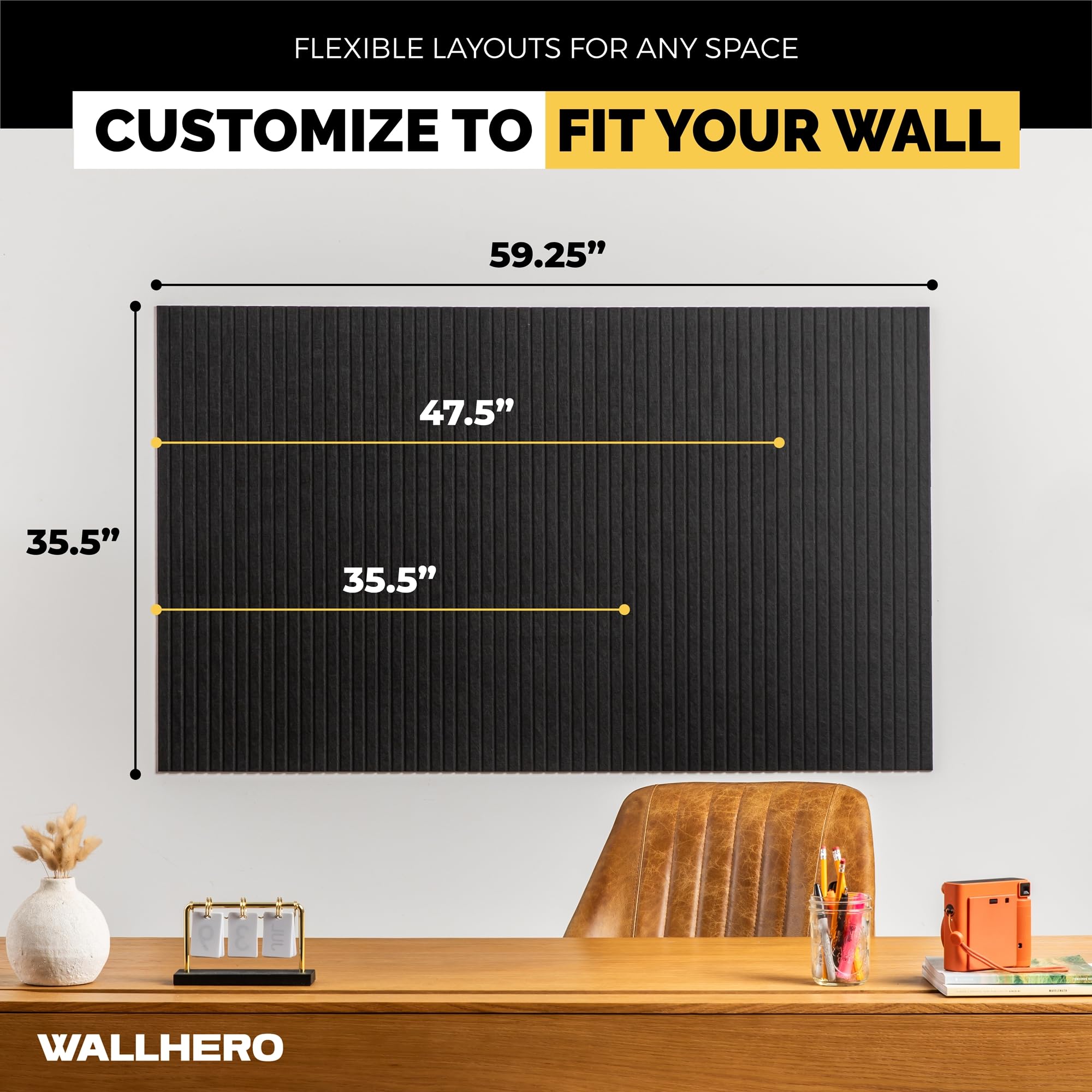 WALLHERO Große Pinnwand, Reißzwecken, 150 x 91,4 cm, 15 Stück, Wandpinnwand, Korktafel, Alternative für Wände, Tablero de Corcho para Pared, Kordeltafel für die Wand (schwarze Lamellen)