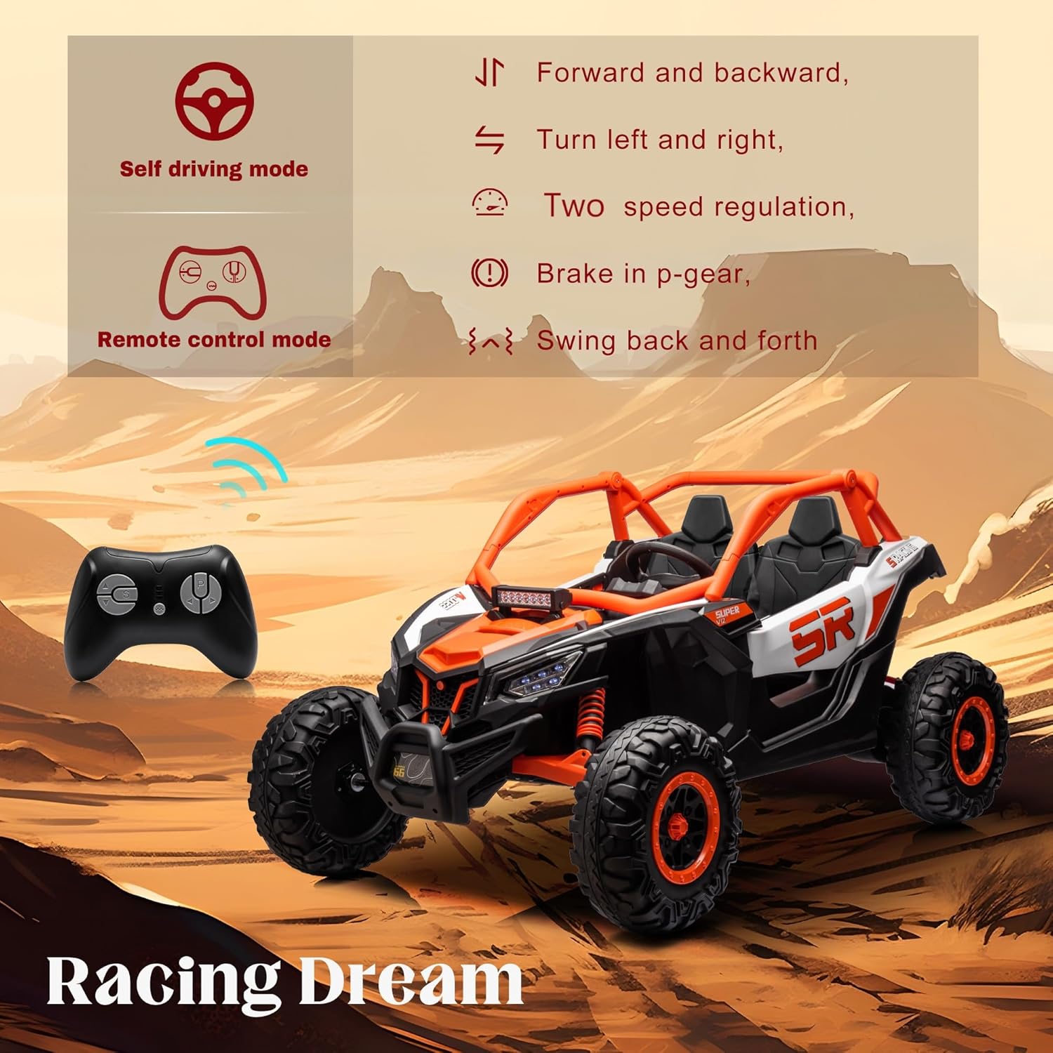 Kids 24V10A Ride On Truck,4 Wheeler, Kids Electric UTV, Battery Powered Toy Car Spring Suspension, 7.5MPH, Bluetooth, Remote Control, 2 Speeds, LED Lights- Yellow