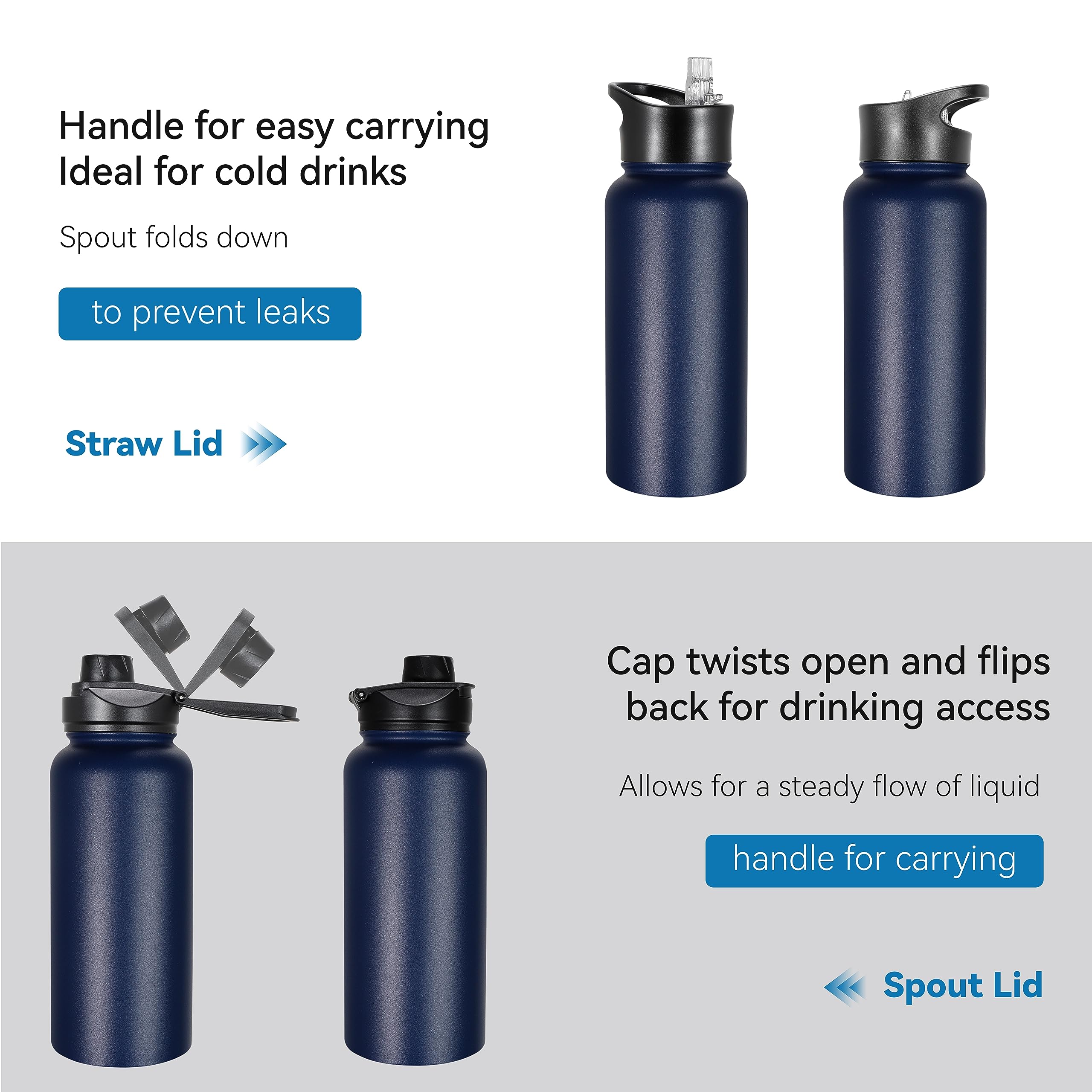 VEGOND Botella de agua aislada de 32 onzas a granel, botellas de agua deportivas de acero inoxidable con tapa de popote a prueba de fugas y tapa de boquilla, boca ancha, taza de viaje al vacío de