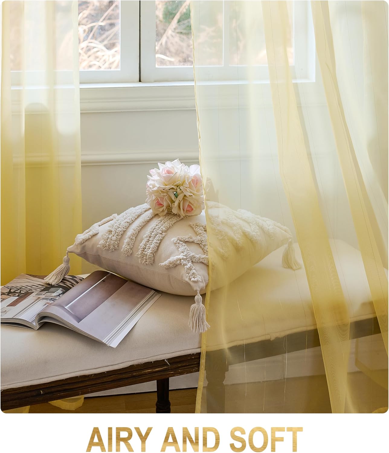 Foil Stripe Mustard Yellow Sheer Curtains 120 inches Length 2 Panels with Grommets 52 inches Widith, Semi Transparant Curtains for Living Room and Dining Room