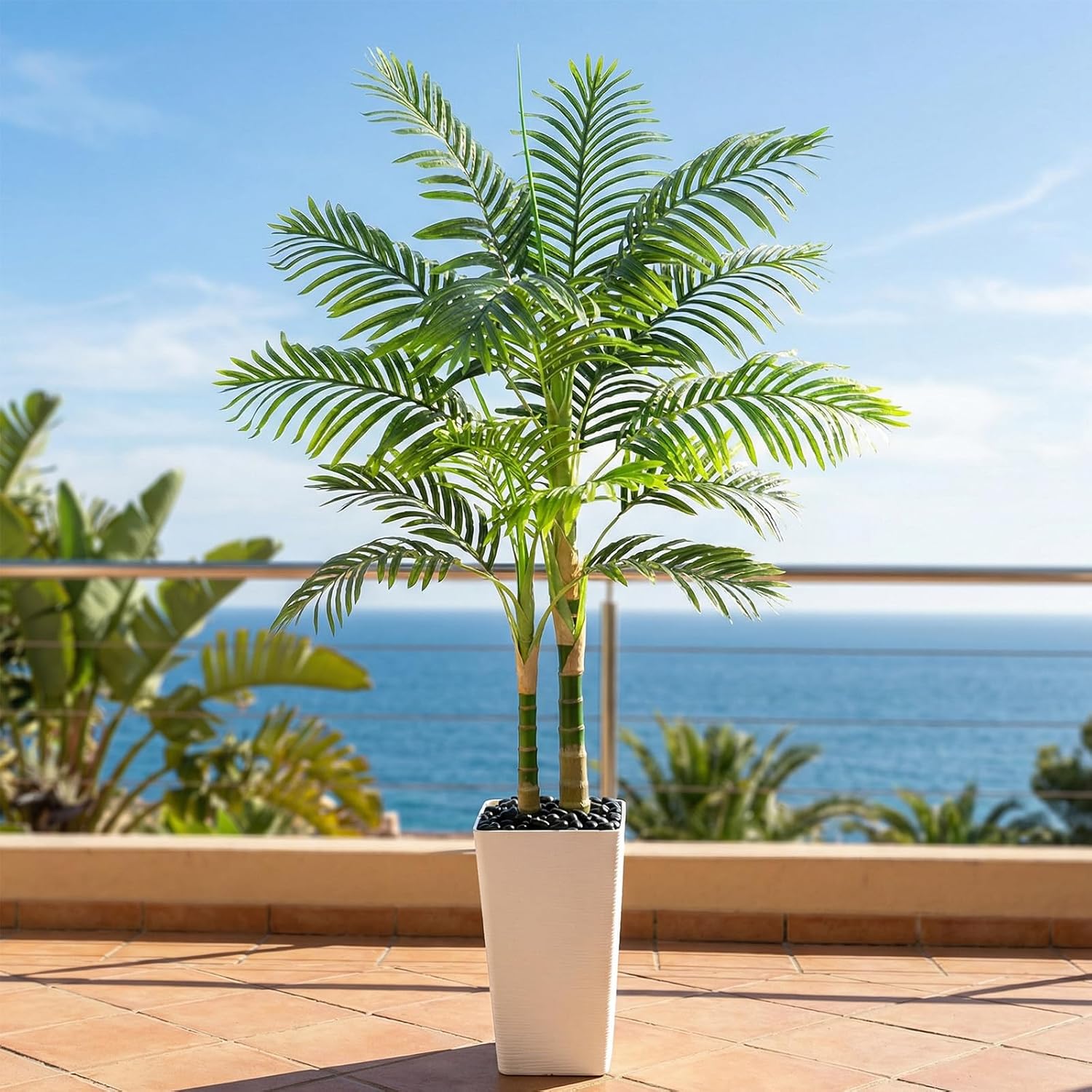 Artificial Palm Tree Indoor Plant Tall Fake Tropical Palm Tree in Pot with Real Bark Design Faux Areca Palm Tree for Home Office Living Room Bedroom Farmhouse Modern Outdoor Decor (13 Leaves 5 FT) - Image 2