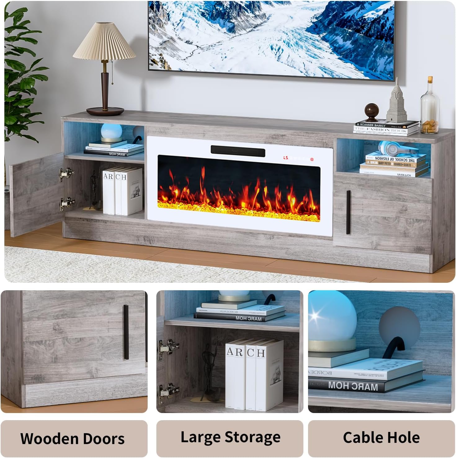 PRETZI Fireplace TV Stand with 36" Fireplace Up to 80" TVs, 70" Entertainment Center with LED Lights,Remote Control, TV Media Console with Storage Cabinets for Living Room,White+Grey thumbnail