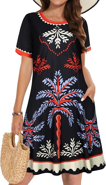 Abito Estivo Floreale Senza Maniche Con Tasche - Elescat - Taglia L - Rosso - Casual Da Spiaggia