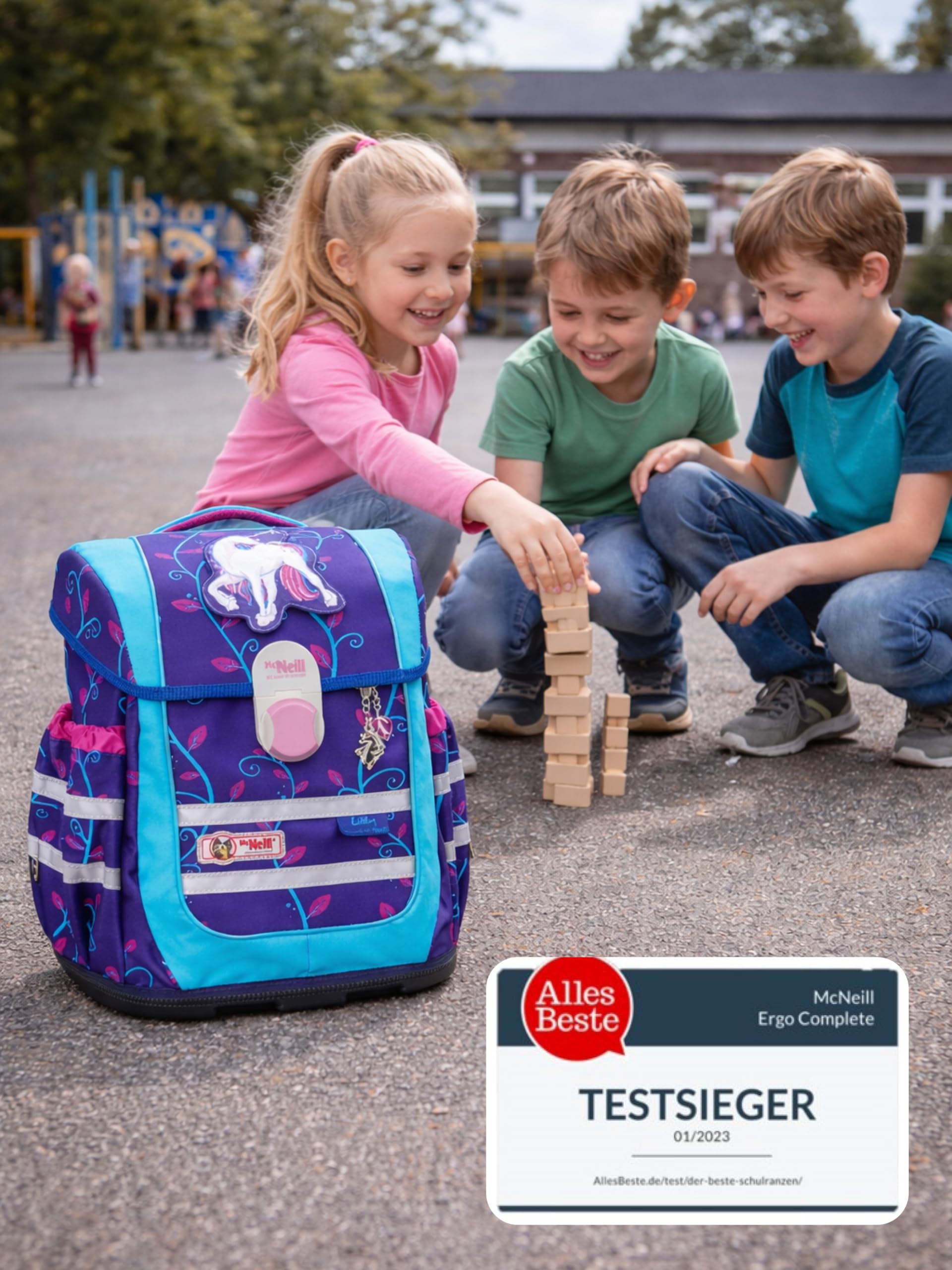 Familando - McNeill Ergo Complete Schulranzen Set - 10-teilig - Lilly Einhorn/Unicorn - Ergonomisch & 3-Fach verstellbar - 1150g leicht mit 20L Volumen & Reflektoren - Für Grundschule ab 1. Klasse