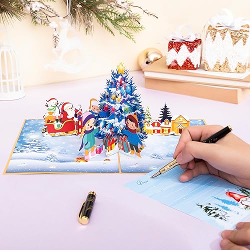 Miniatura 5 de Tarjeta de Navidad emergente, hecha a mano, 3D, árbol de Navidad, tarjetas de felicitación emergentes, trineo de Papá Noel, regalo de Navidad, niño