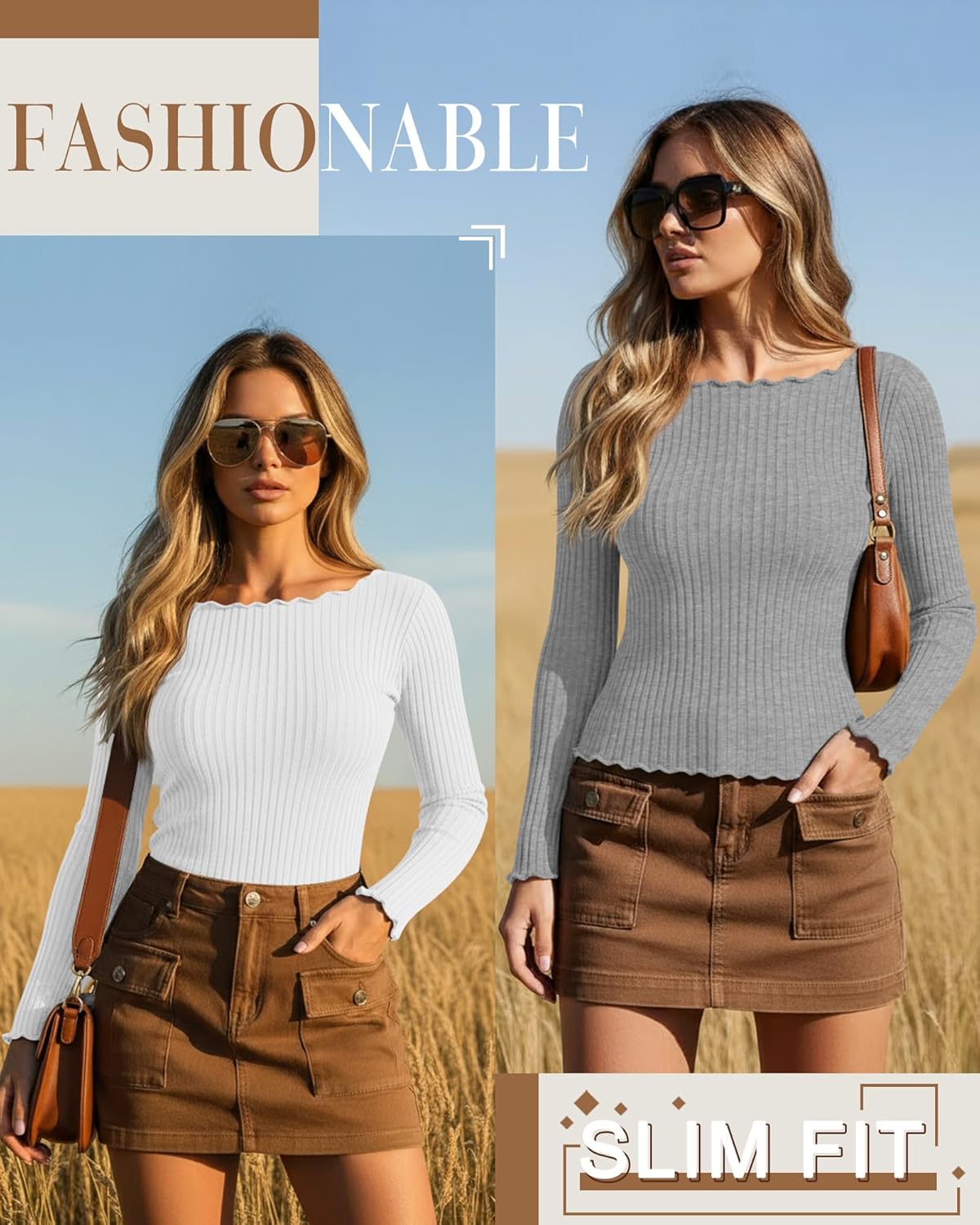 Riyiper 3 Pack Women's Long Sleeve Shirts Ribbed Cotton Boat Neck Tops Lettuce Trim Underscrub Slim Fit Casual Basic Tees - Image 3