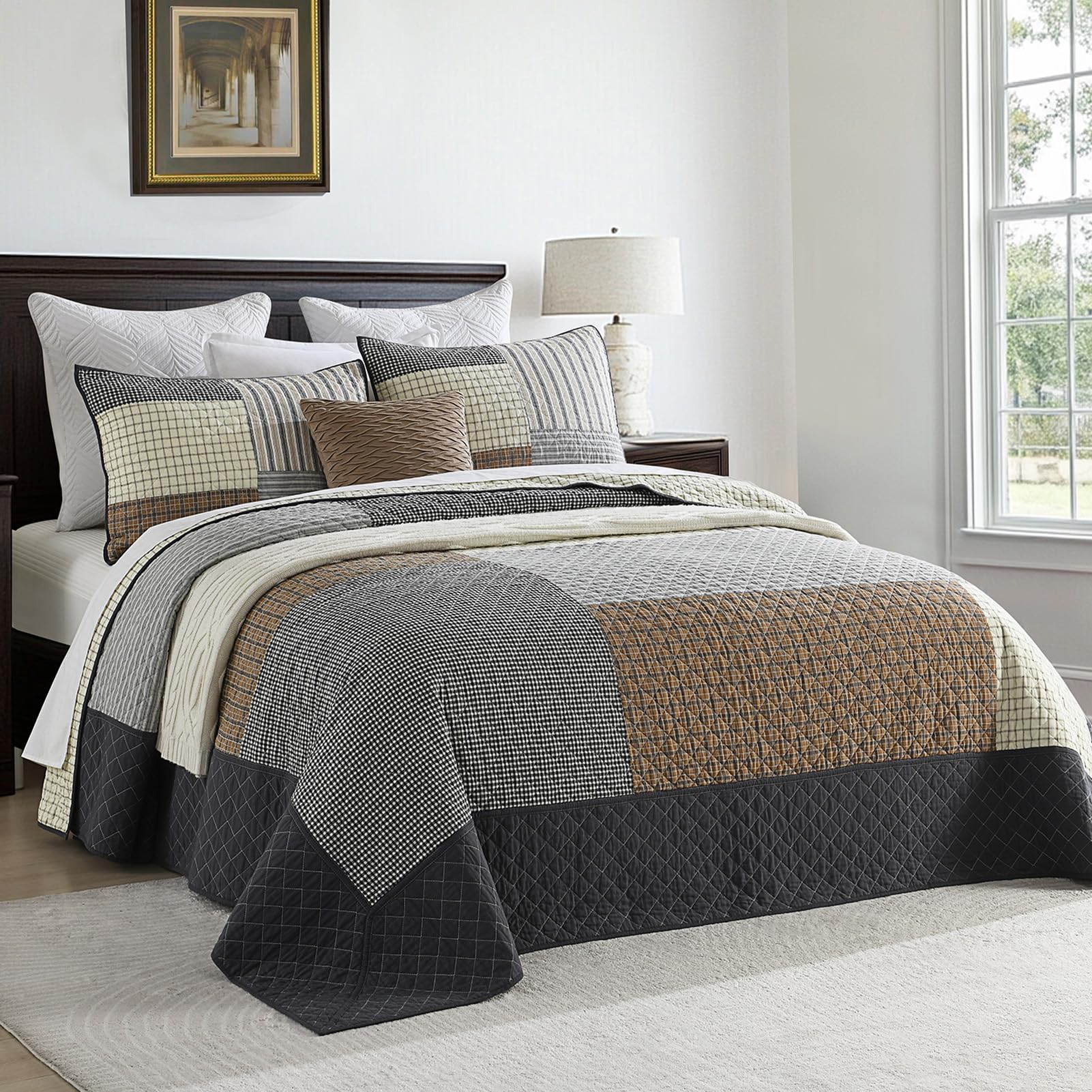 Photo 1 of FineStichery Oversized Quilt Bedspread 128"x120", 100% Cotton Patchwork Cal King Bedspreads Coverlet Set with Pillow Shams, Lightweight Quilted Farmhouse Bedding Cover, Brown/Beige/Gray