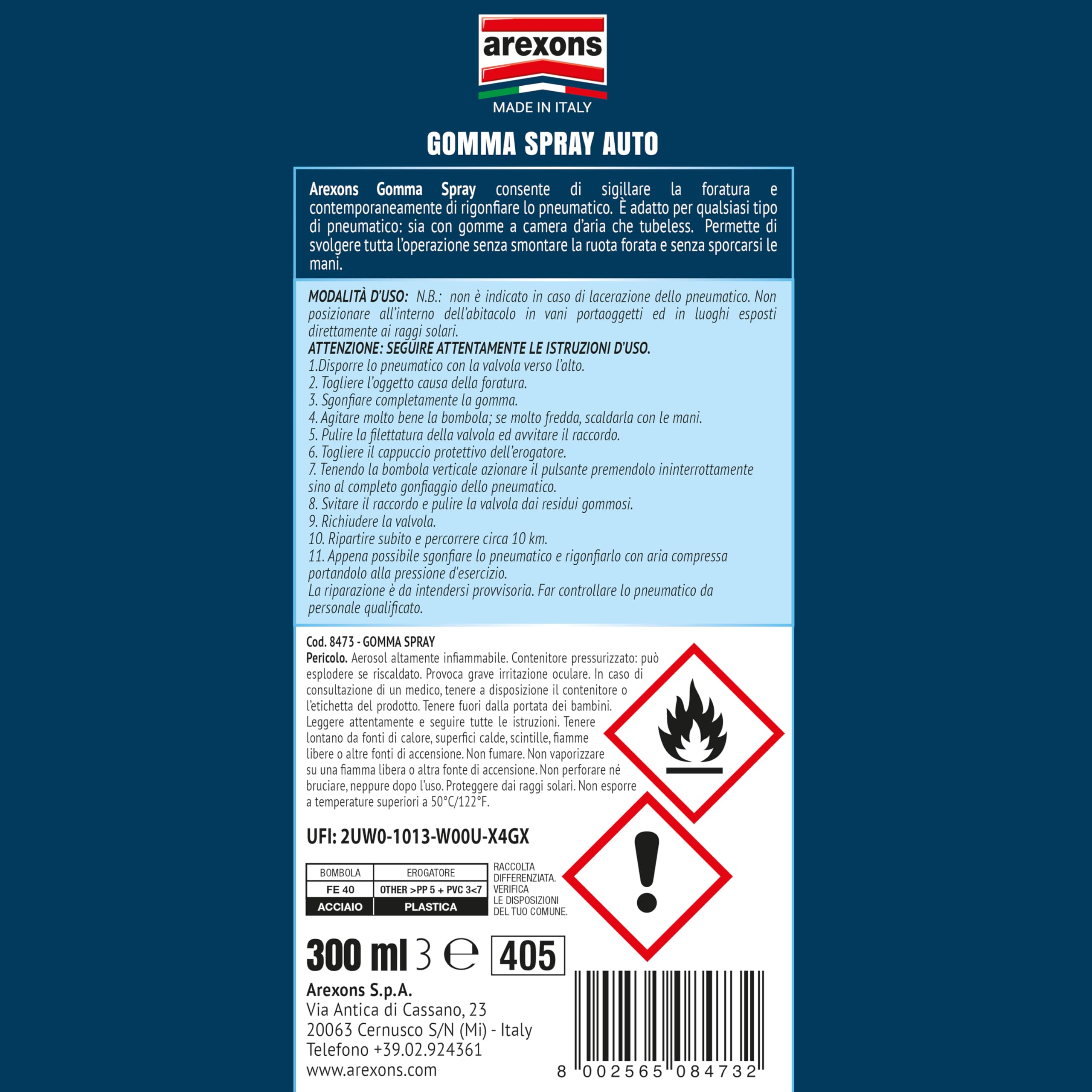 Arexons Gomma Spray Auto, Gonfia e ripara ogni tipo di pneumatico, Bomboletta, riparazione forature, 300 ml, 1 pezzo