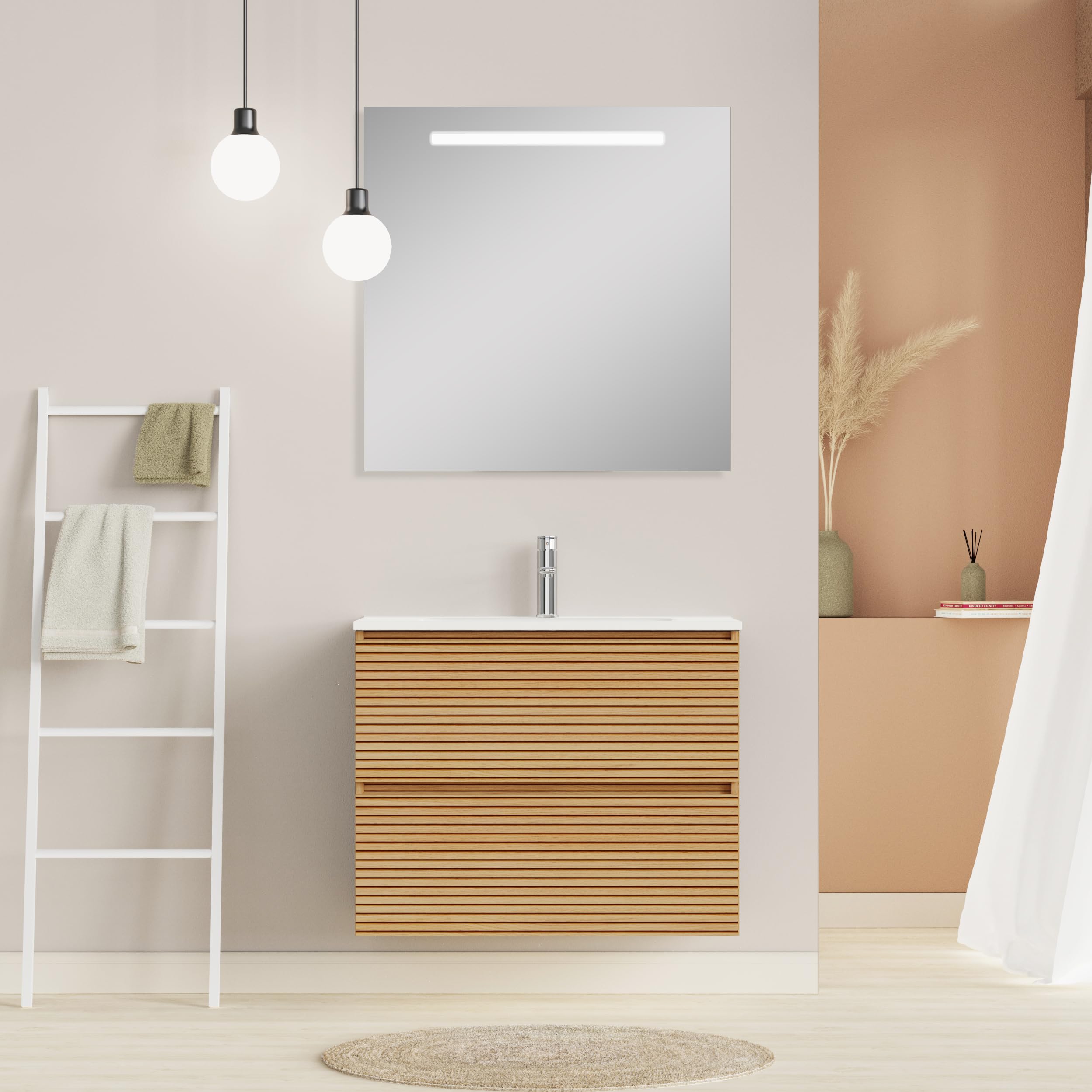 Baikal Mueble de Baño Dash. Conjunto de Baño de 2 Cajones, Suspendido en Pared, Incluye Lavabo Cerámico. Mueble de Fondo de 46cm. Mueble MONTADO. Lavabo Encastrado sin Espejo 80 cm Monocolor