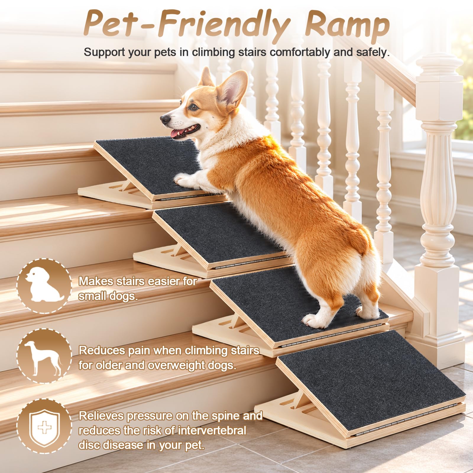 Hunderampen für Treppen, verstellbare Haustiertreppe für Hunde mit Teppichoberfläche, Niedrigem Winkel Hundetreppe mit Fußpolstern für kleine Hunde und Haustiere (3er-Pack)