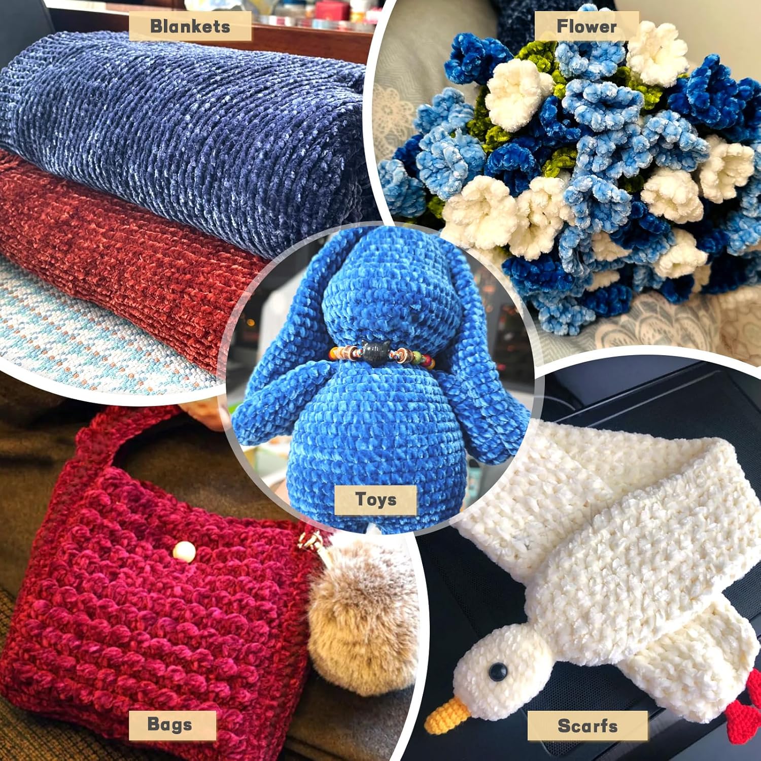 Velvet Chenille Yarn Pack – 6 Skeins × 100g Super Bulky (CYC #6) – Soft Velvet Chunky for Crocheting & Knitting, Fluffy Chenille Yarn for Blankets, Scarves & Crafts (Multicolor)