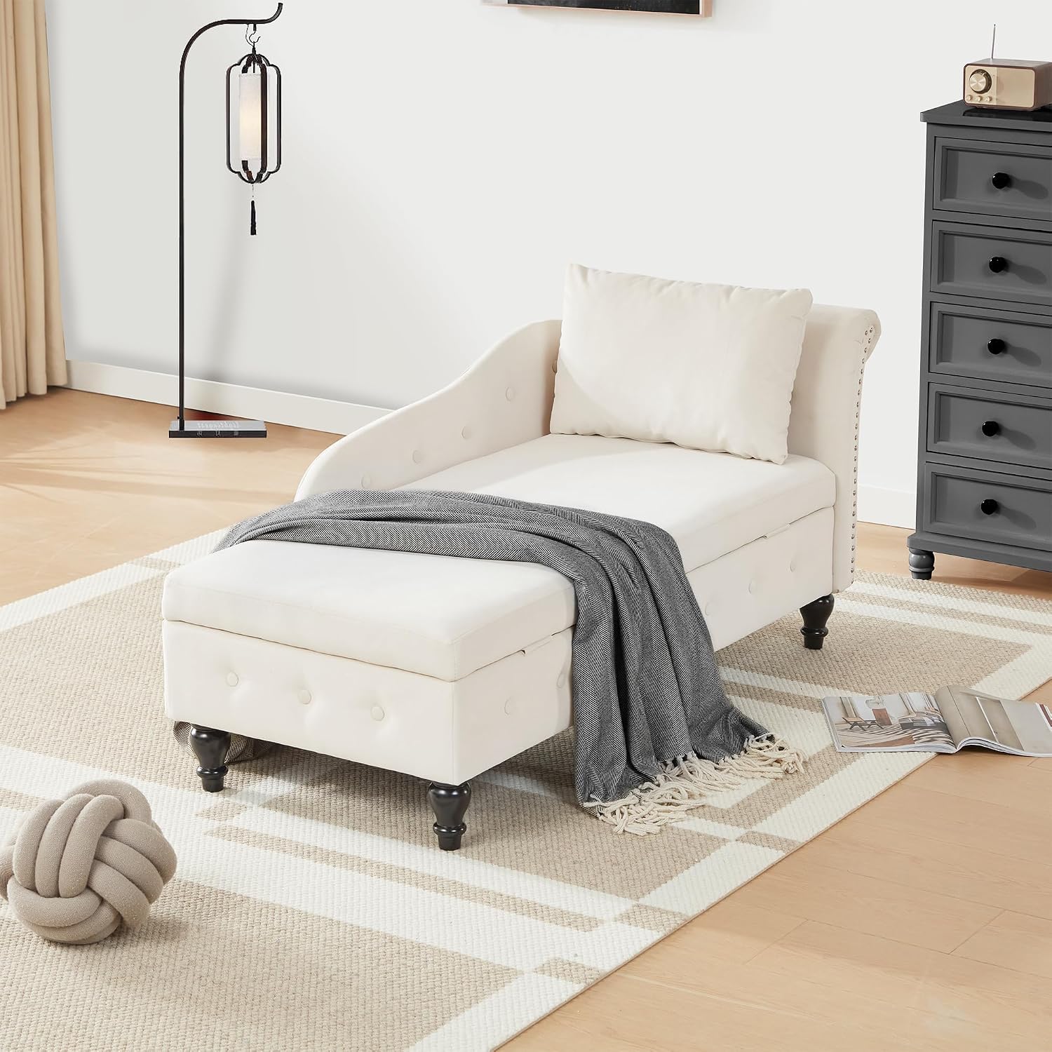 Iroomy Chaise Lounge Indoor with Storage, Upholstered Chaise Lounges Couch with Pillow for Living Room, Modern Nailhead-Trimmed Tufted Lounge Chair, Bedroom, Beige, Right Armrest