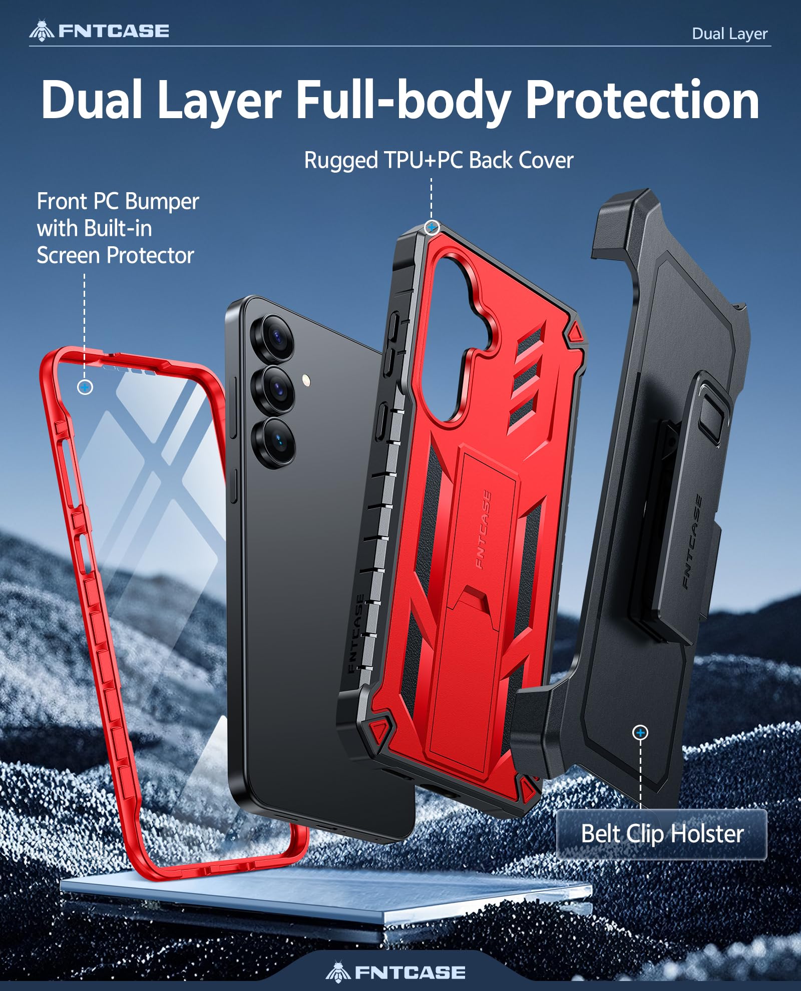 FNTCASE Coque pour Samsung Galaxy S25-FE : coque de téléphone portable robuste de qualité militaire avec béquille et étui | Protection antichoc en TPU mat texturé pour Galaxy S25 FE 6,7" – Rouge