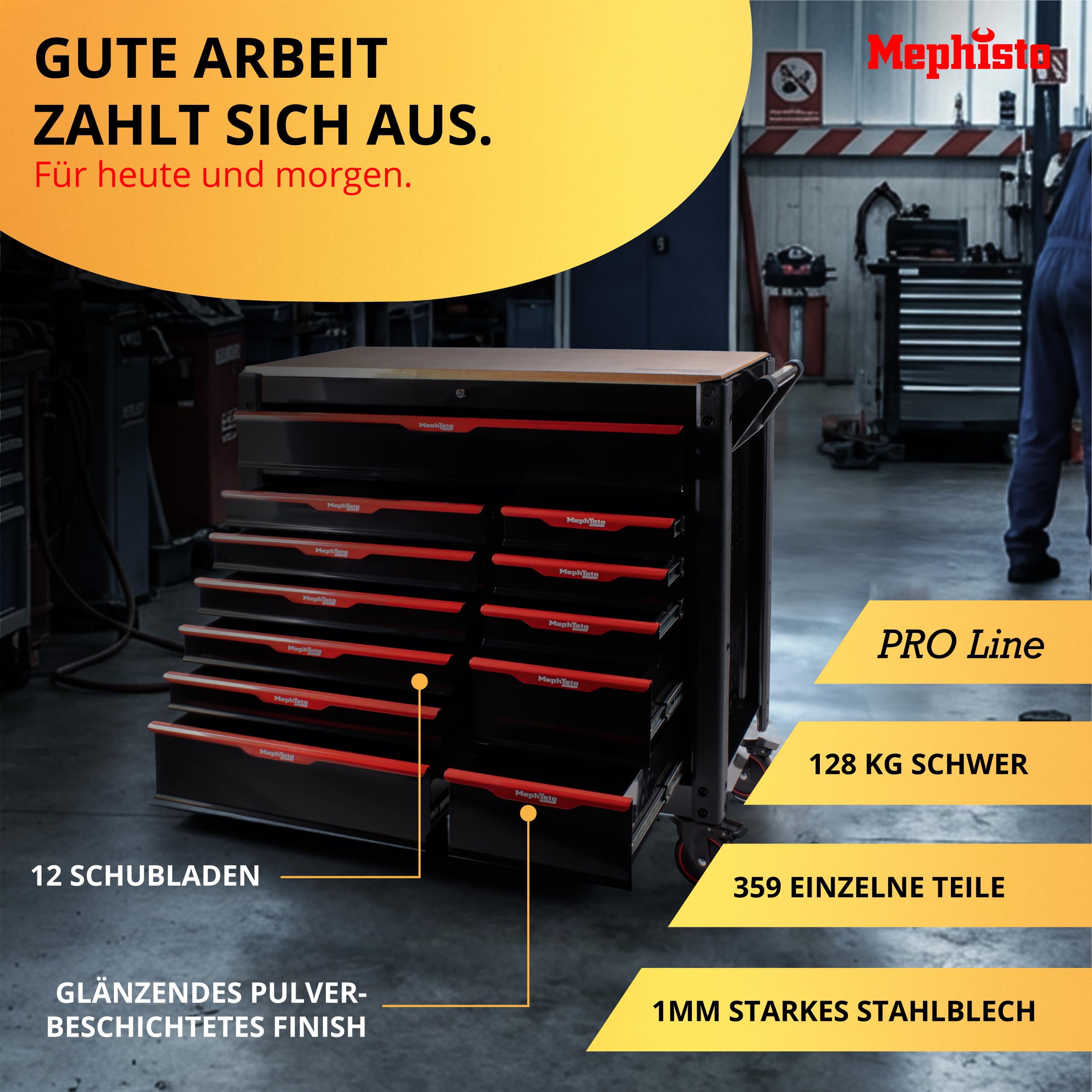 Mephisto Pro-Line BIG Werkzeugwagen Werkstattwagen gefüllt mit 12 Schubfächer davon 11 inkl. Werkzeug wie VDE Schraubendreher, Ratsche mit Nusskasten, Schraubendreher-Set in Soft Inlays in Carbon Lock