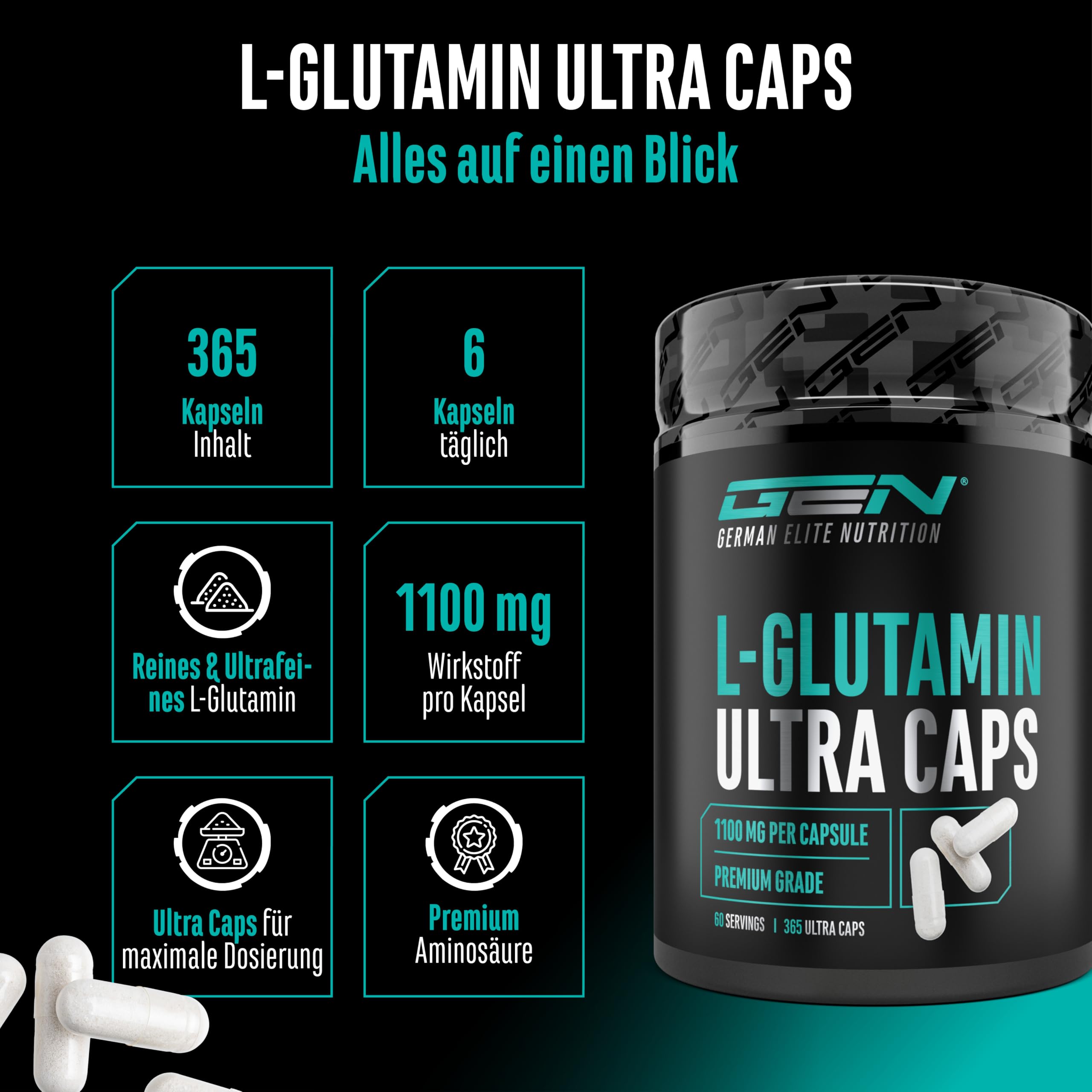 GEN GERMAN ELITE NUTRITION L-Glutamin Ultra Caps - 365 Kapseln - 1100 mg | 6600 mg Tagesportion, ultrafeines L-Glutamin, hochdosiert