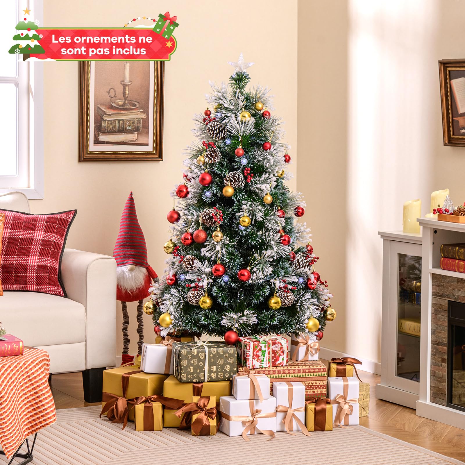 COSTWAY Sapin de Noël Floqué 150 cm, Sapin de Noël Artificiel Lumineux LED, 170 Pointes de Branches, 18 Grappes de Baies Rouges, 18 Pommes de Pin Naturelles, 49 Lumières LED, 8 Modes d'Eclairage