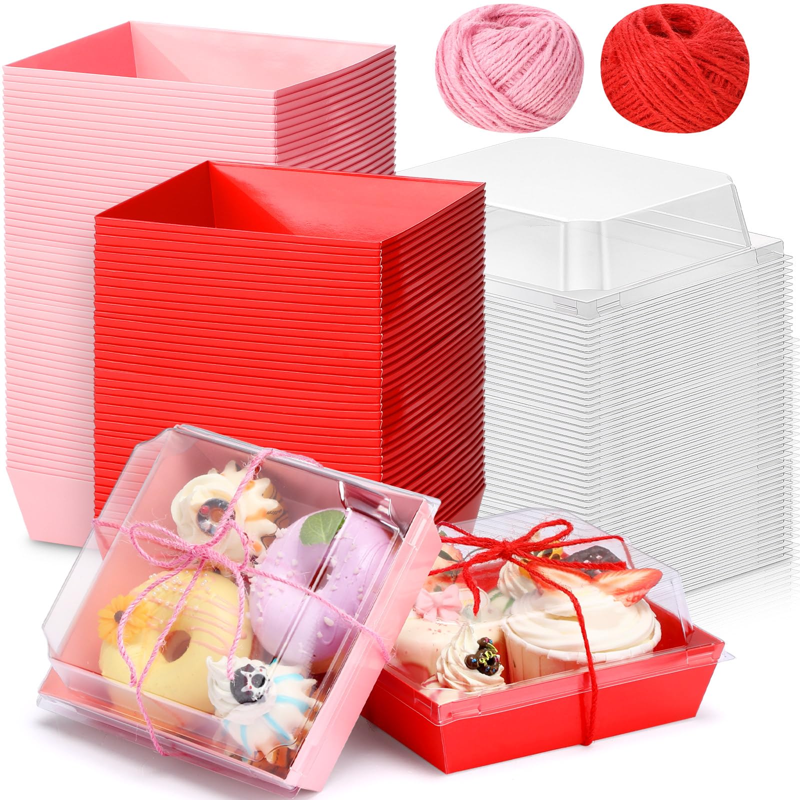 Layhit Confezione da 150 scatole per salumi di San Valentino, con coperchio trasparente e corda, 12,7 cm, quadrate, usa e getta, scatole per dessert, scatole per alimenti, biscotti, contenitori per