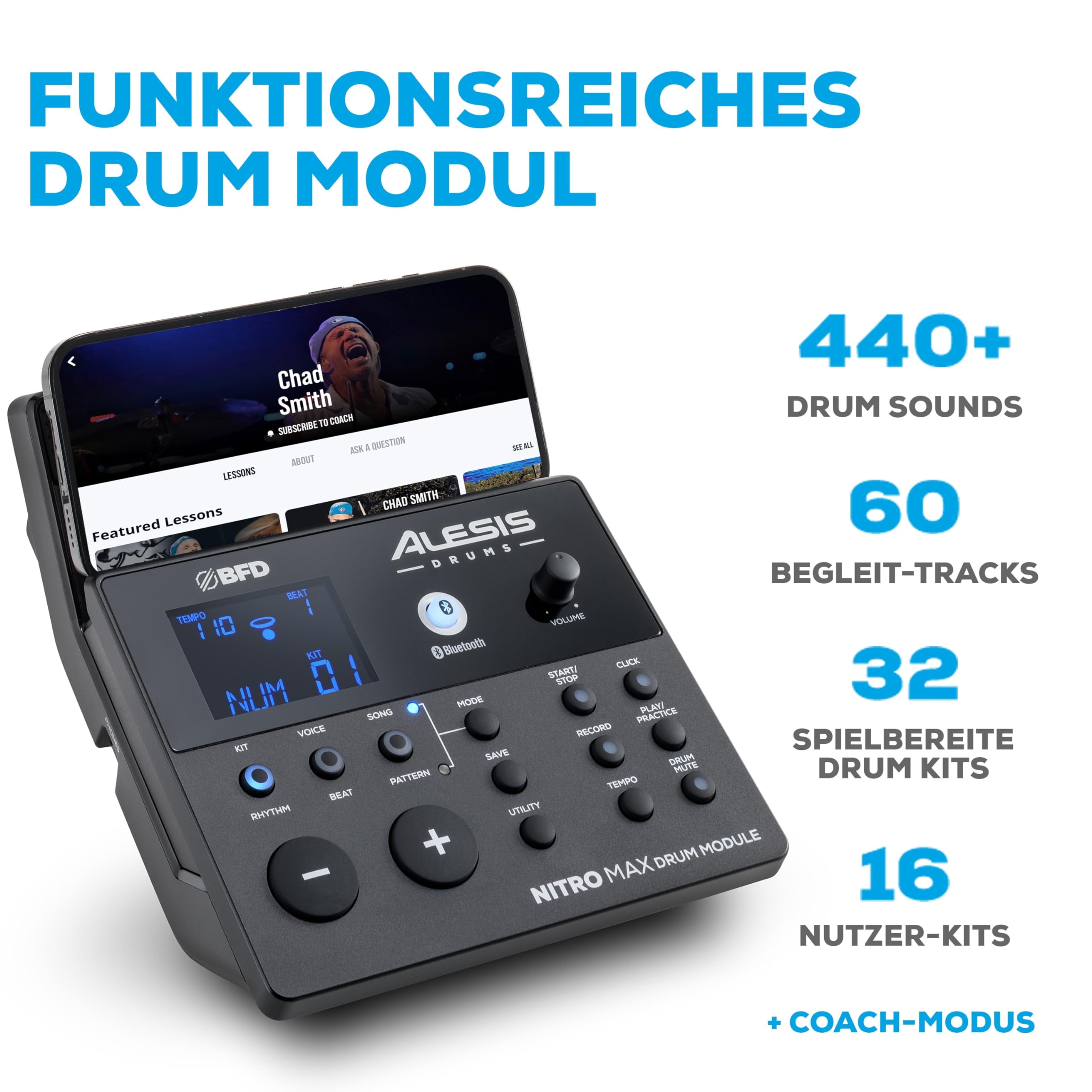 Alesis Nitro Max Kit Elektronische Schlagzeug mit Quiet Mesh Pads, 10" Dual Zone Snare, Bluetooth, 440+ Sounds, Drumeo, USB MIDI, Kick Pedal, Schlagzeughocker und ohrumschließende Kopfhörer
