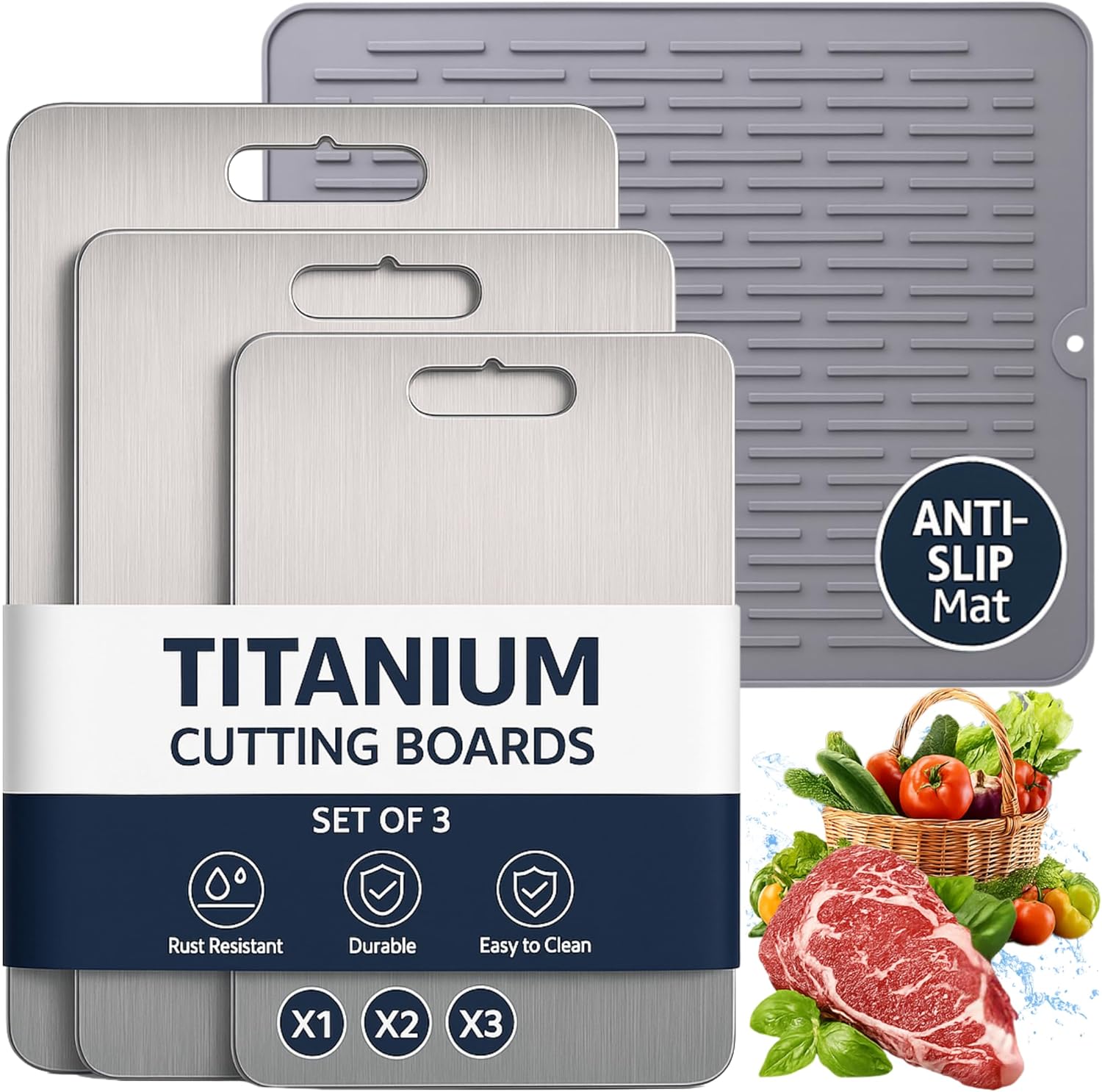 Titanium Cutting Board (Set of 3) – Premium Boards for Kitchen | Pure Titanium & Non Toxic | Anti Slip Mat Included | Double Sided, Durable & Easy to Clean