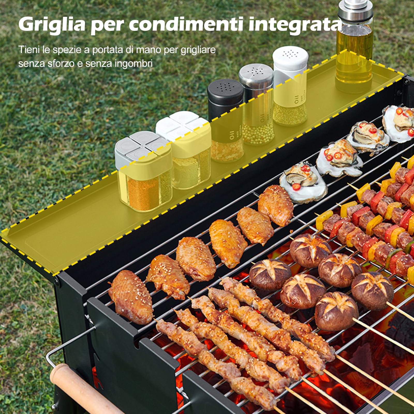 Ergocar Barbecue a Carbonella Pieghevole Che Struttura In Acciaio Inossidabile Rinforzato Della Temperatura a Tre Livelli e Vassoio Per Condimenti Integrato Ideale Per Gruppi Di Cinque o Più Persone