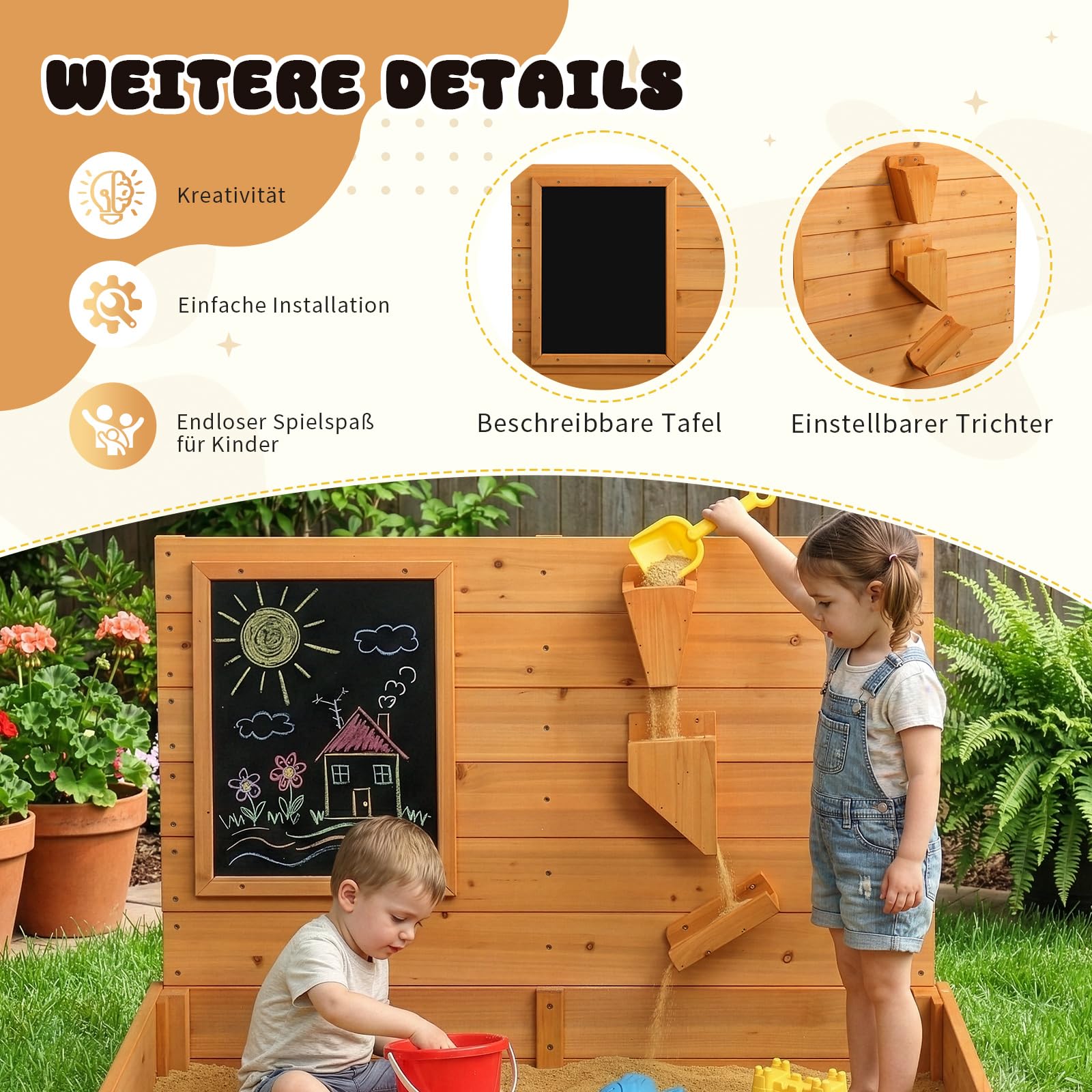 LEADZM Holz Sandkasten für Kinder mit Sitzbank, Tafel und Trichter, 120 x 115 x 76,5 cm, Großes Outdoor-Sandkasten für Garten, Strand und Park, für Kinder im Alter von 3 bis 12 Jahren