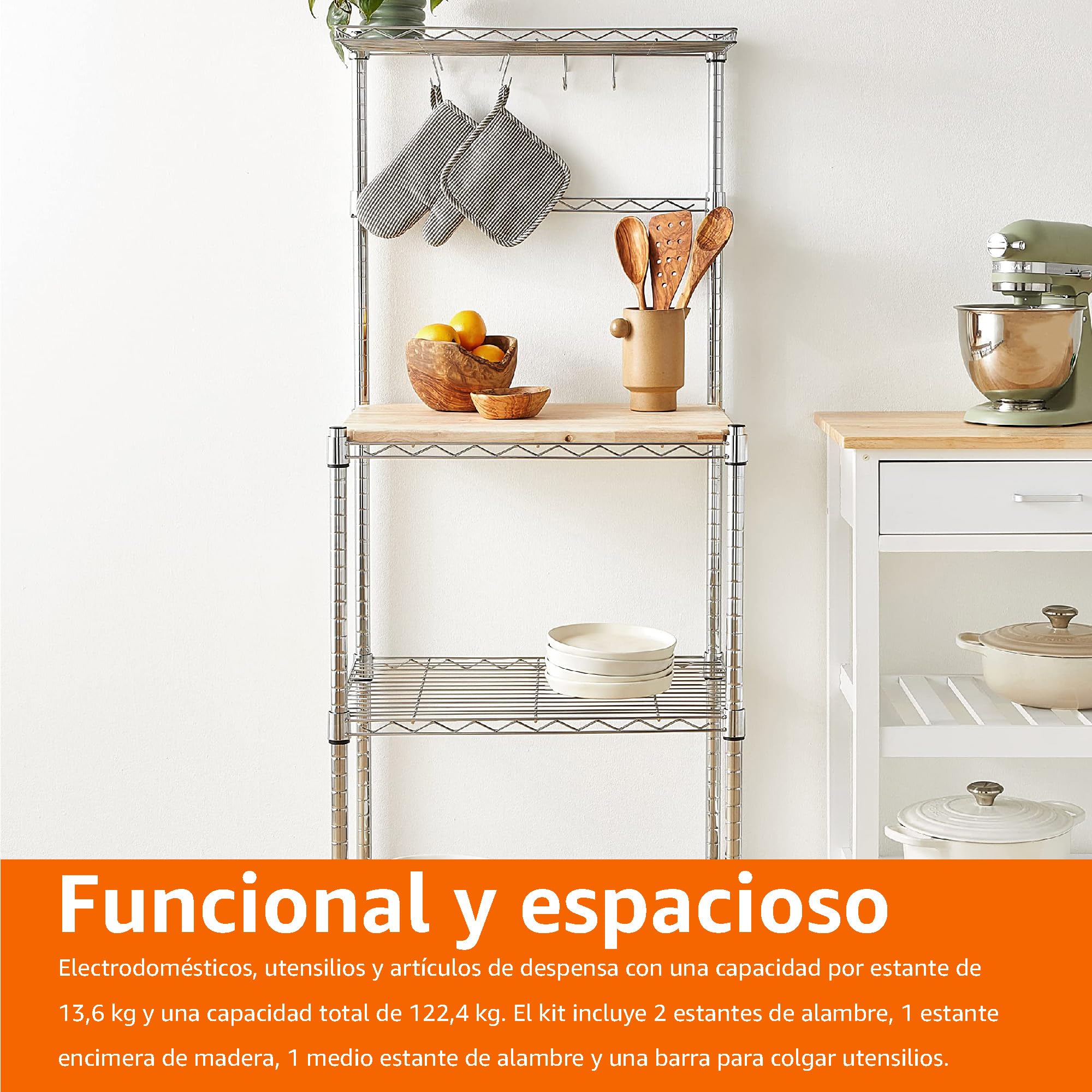 Amazon Basics 3 Estantería de cocina con tablas de madera, 45.7 D x 61 W x 151 H cm, Cromo, Beis