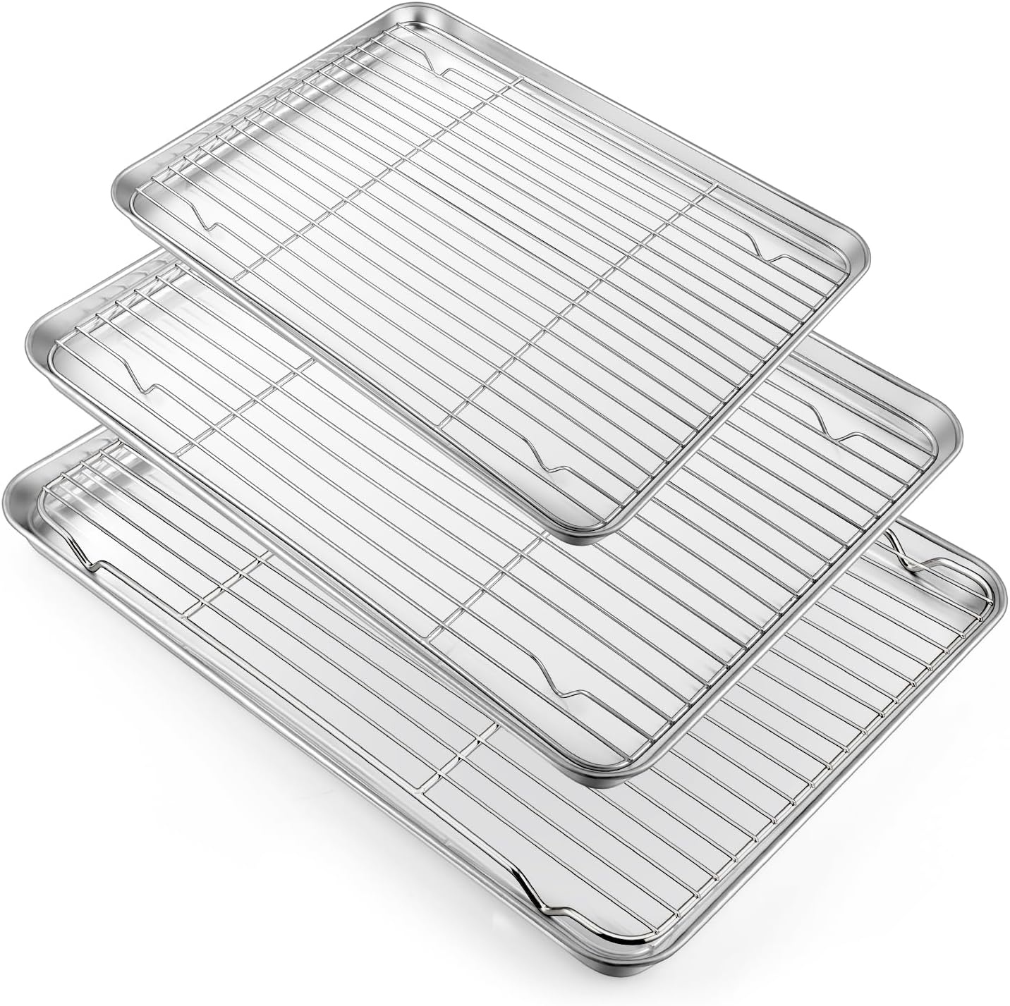 TeamFar Baking Sheet with Rack Set (3 Pans + 3 Racks), 17.6/16/12.5 Inch Stainless Steel Cookie Sheets Baking Pans Trays and Cooling Racks for Cooking Roasting, Non-Toxic & Heavy Duty, Dishwasher Safe
