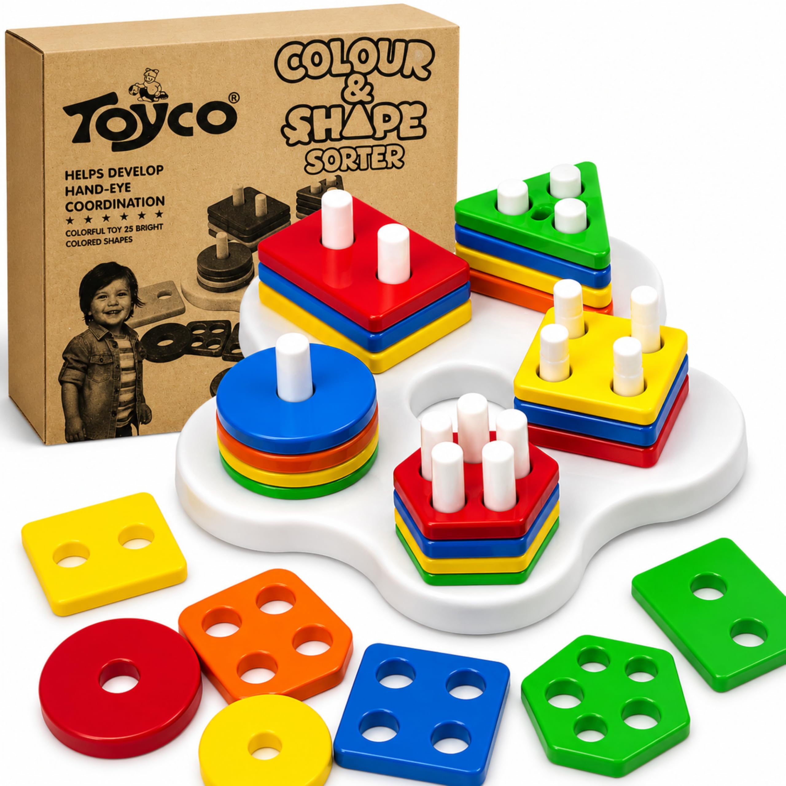 toyco® 25 Pieces Angle Geometric Shape Sorter & Stacking Toy | Flower Base with 5 Shapes & 5 Colors | ABS Non-Toxic Learning Blocks for Toddlers, Preschool Kids Educational Gift for Boys & Girls 1-3+-image-22