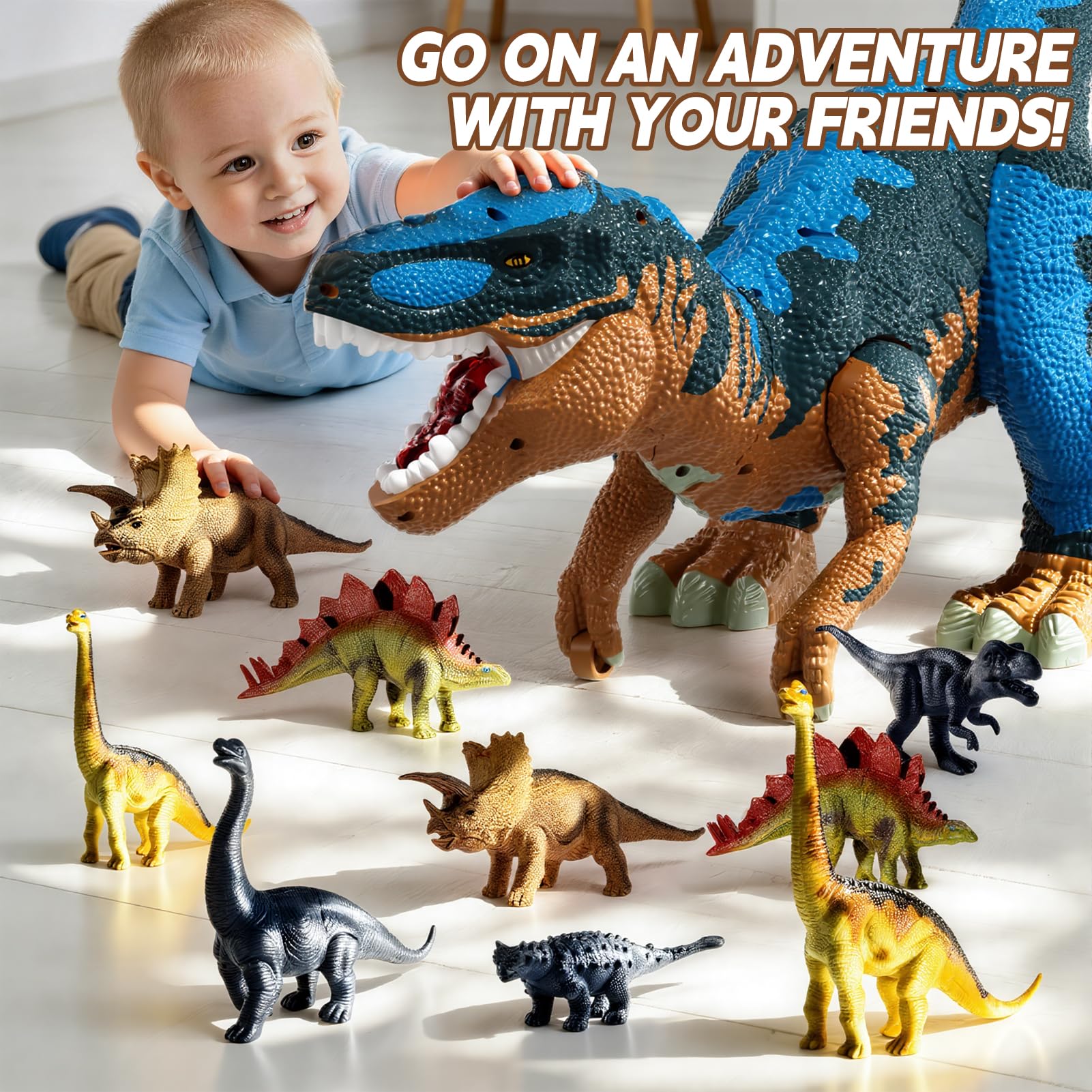 Figura de Dinosaurio de 24 Pulgadas con Ruedas Móviles, Rugido y Spray de Neblina – Cabeza y Cola Extraíbles, Contiene 10 Mini Dinosaurios – Juego Interactivo para Niños (Azul