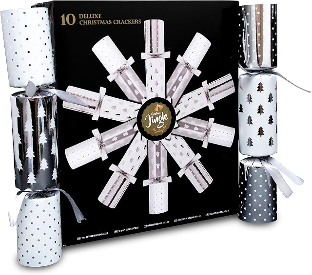 10 Deluxe Christmas Crackers - 10 White and Silver 14" Crackers with Party Hat, Joke, Quote and Deluxe Gift Inside Each - Eco Crackers as Christmas Table Gifts or Cracker for Christmas Tree