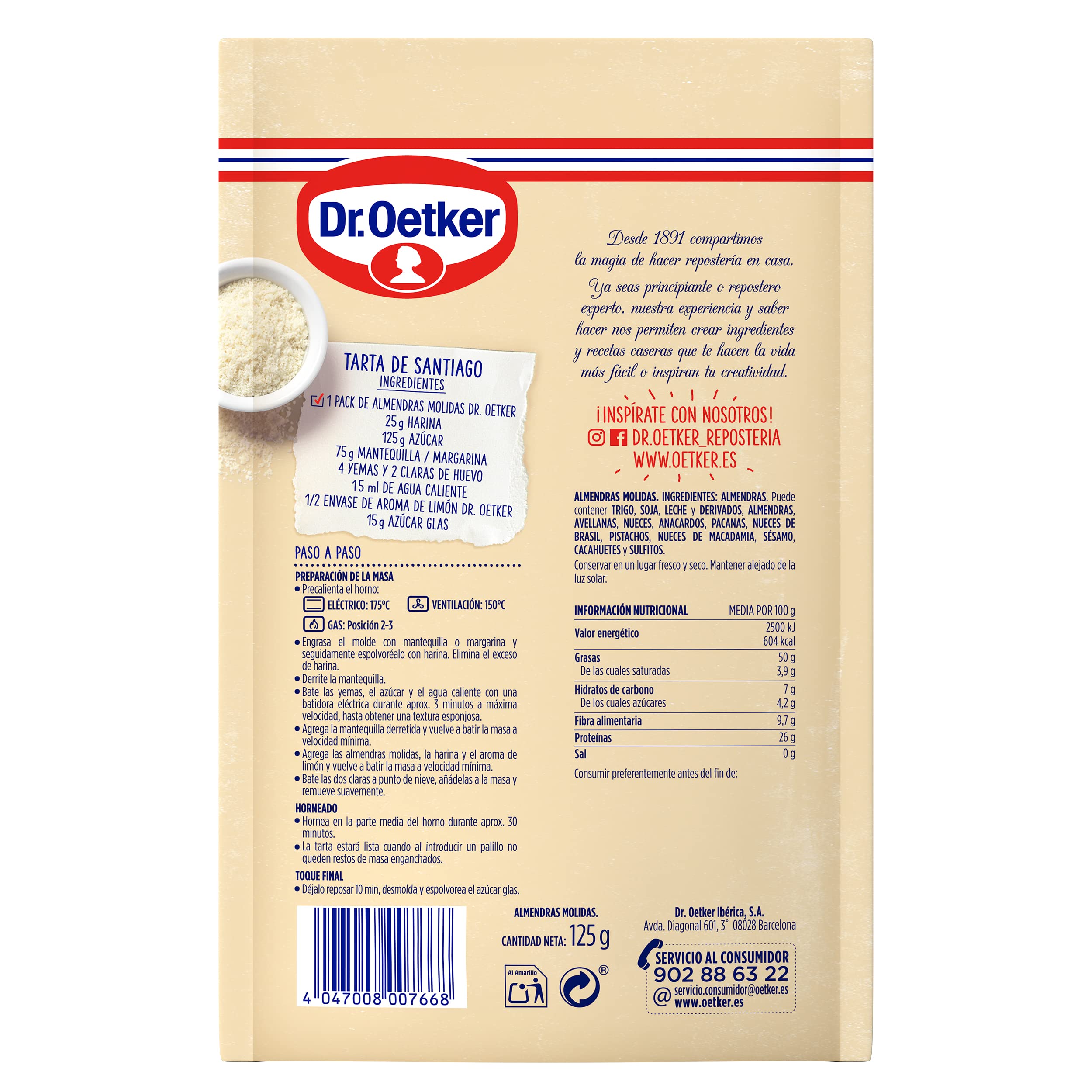 DR. OETKER Almendras Molidas, Almendras Peladas y Molidas, Ingrediente para Todo Tipo de Recetas Dulces y Saladas - Envase, Bolsa Doypack con Zip, 125g
