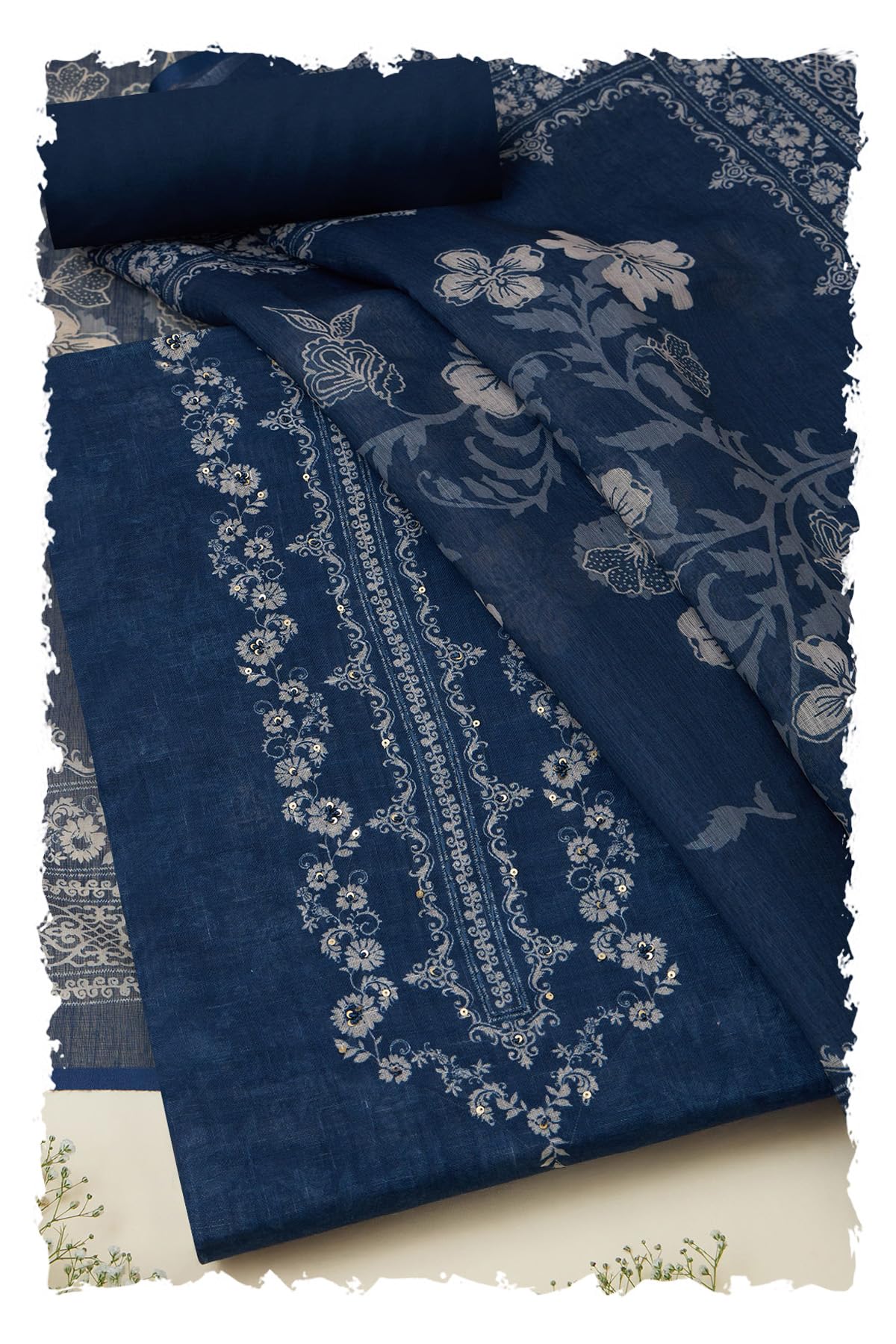 Womens Navy Blue Linen Floral Print Unstitch Dress Material With Sequins-image-13