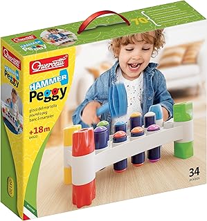 Quercetti Hammer Peggy Toy Pounding Bench for Toddlers - with 8 Colorful Pegs and Two Ways to Build and Play to Support Early Learning and Fine Motor Skills Development, for ages 18 months and up