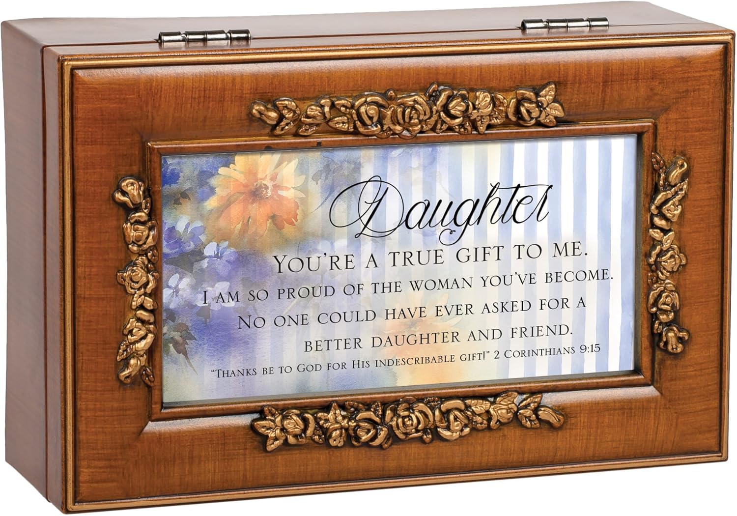 Cottage Garden Daughter You're a True Gift to Me Woodgrain Embossed Jewelry Music Box Plays Amazing Grace