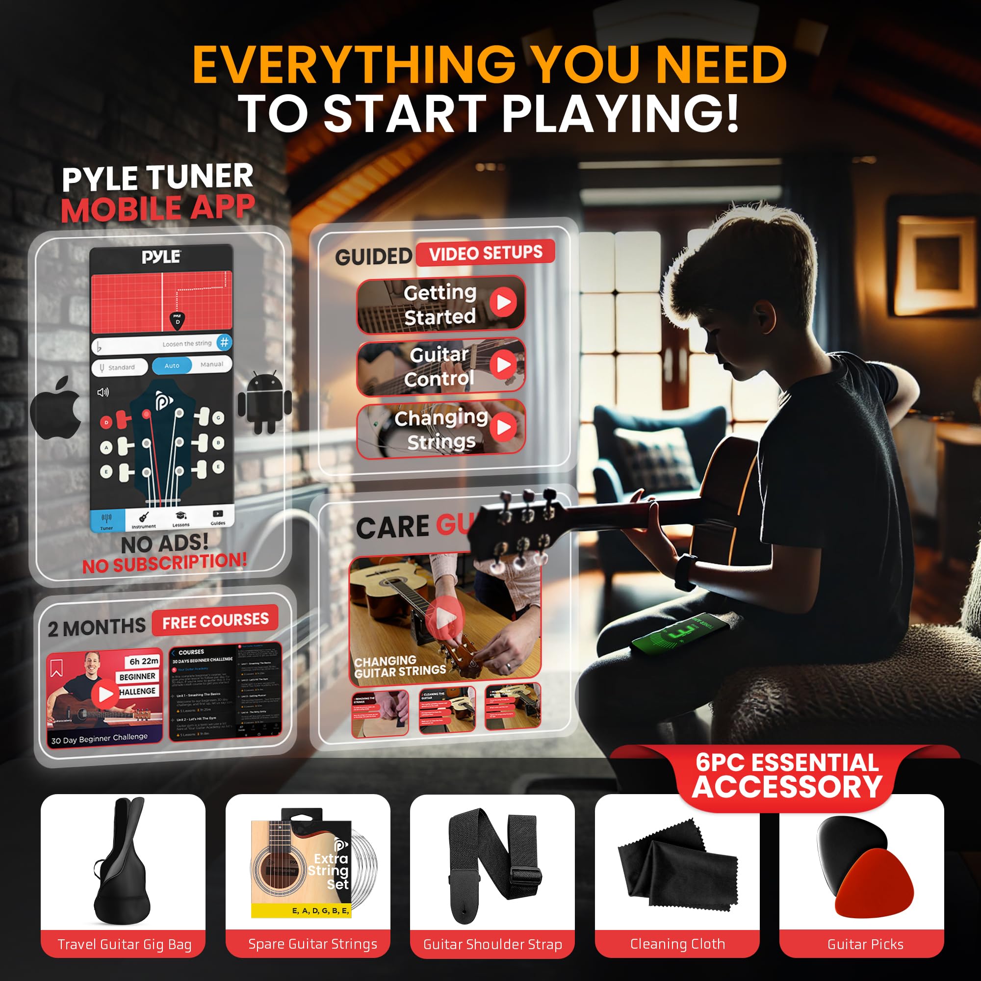 Pyle Steel String Acoustic Guitar Kit, 4/4 Full Size Cutaway All-Wood Guitarra Acustica with Premium Accessory Set and Upgraded Gig Bag, 41" Natural Glossy